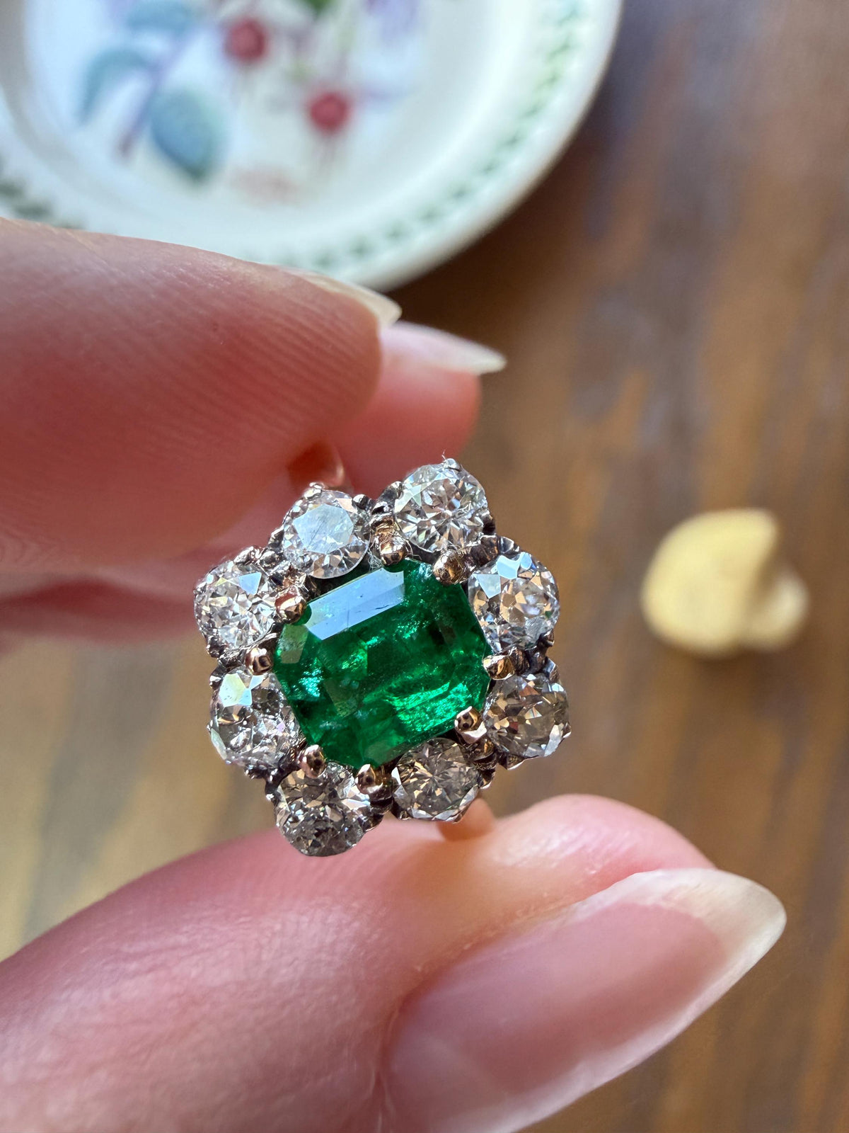 Antique Emerald .75 Carat Old Mine Cut Diamond Halo Ring 18k Gold Silver French Art Deco Green Cluster