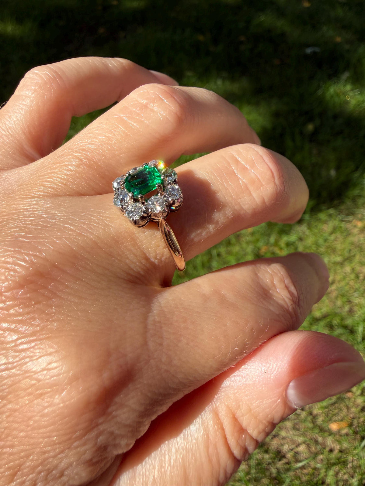 Antique Emerald .75 Carat Old Mine Cut Diamond Halo Ring 18k Gold Silver French Art Deco Green Cluster