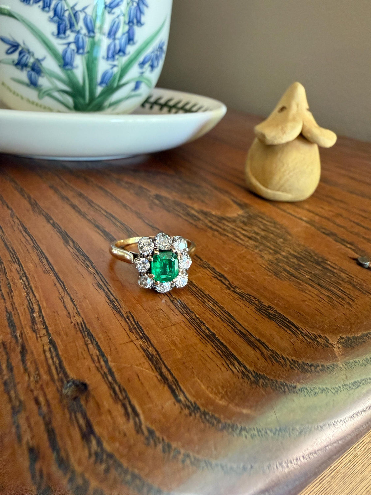 Antique Emerald .75 Carat Old Mine Cut Diamond Halo Ring 18k Gold Silver French Art Deco Green Cluster