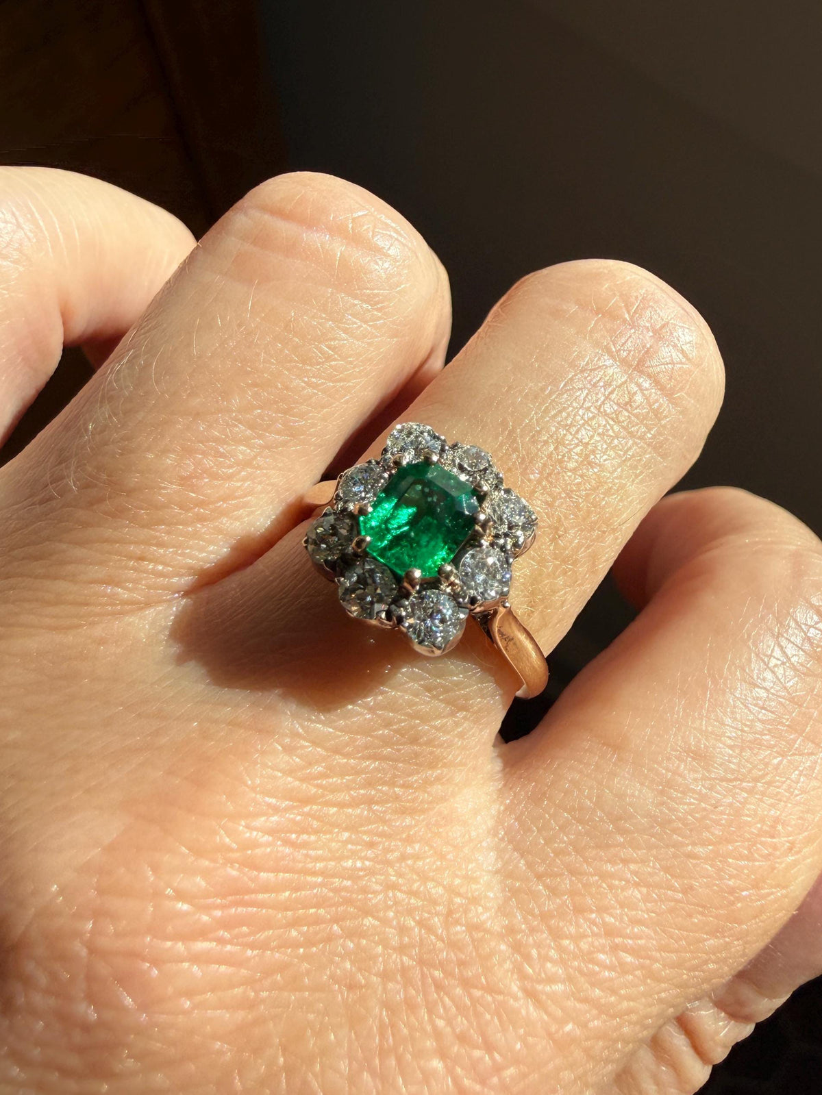 Antique Emerald .75 Carat Old Mine Cut Diamond Halo Ring 18k Gold Silver French Art Deco Green Cluster