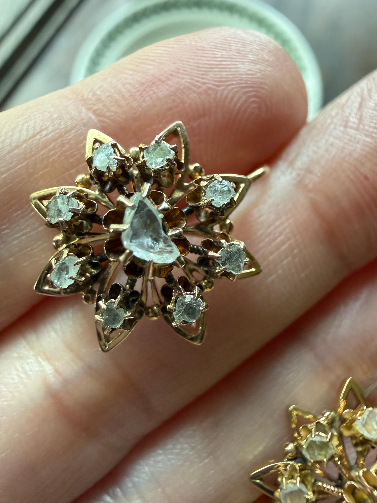 STAR Floral Antique Iberian Earrings Georgian Era 18k Gold Figural Rose Cut Diamond Starburst 3D Traditional Spanish Regional