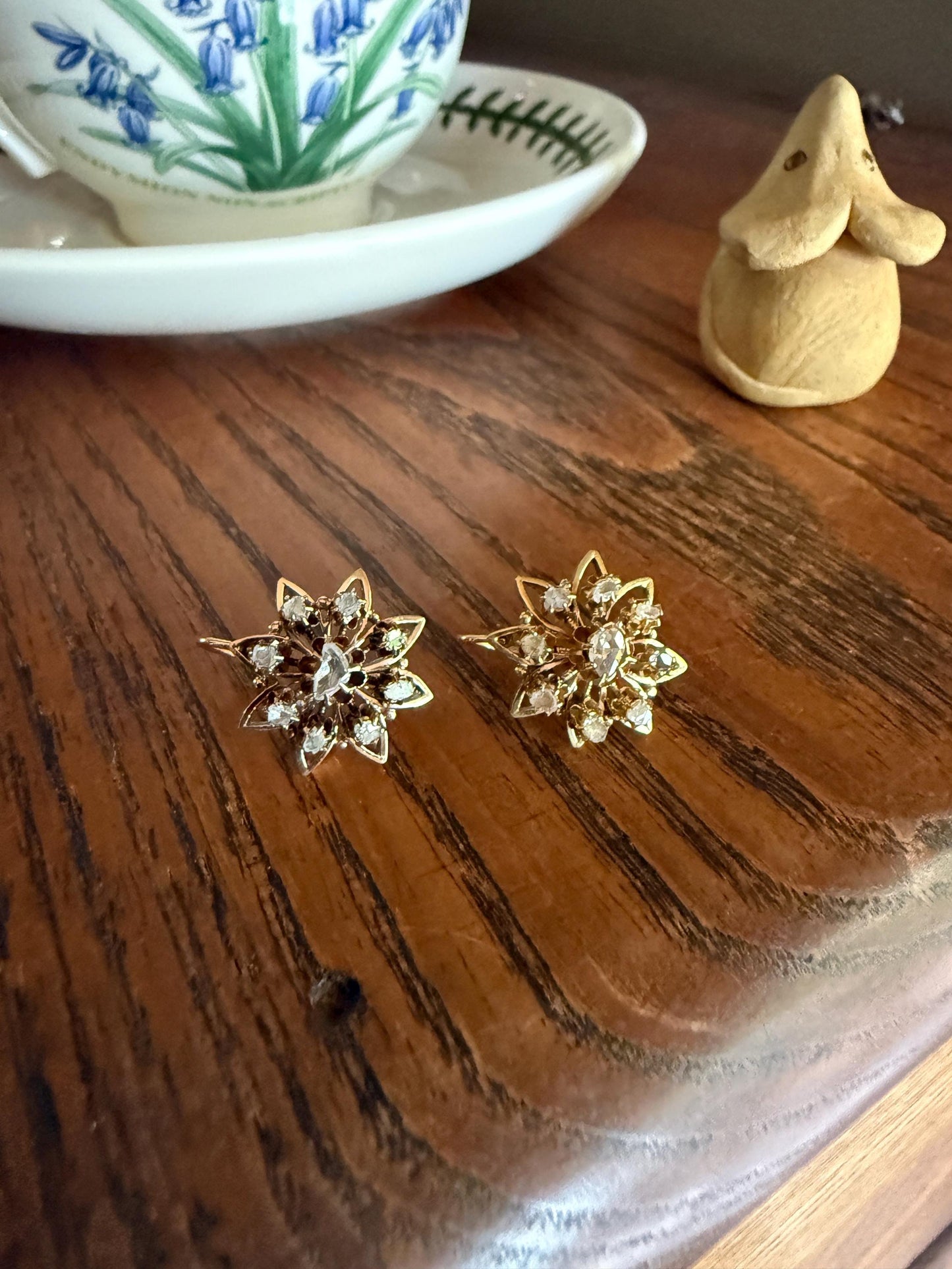 STAR Floral Antique Iberian Earrings Georgian Era 18k Gold Figural Rose Cut Diamond Starburst 3D Traditional Spanish Regional