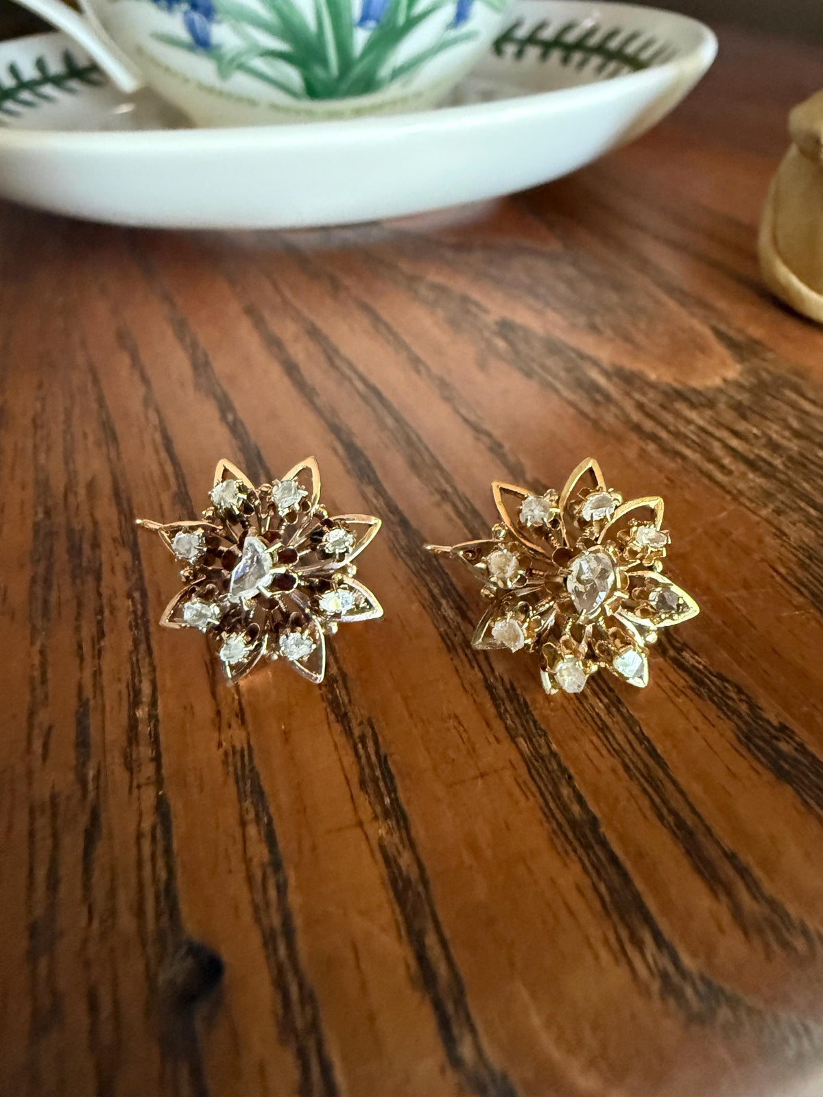 STAR Floral Antique Iberian Earrings Georgian Era 18k Gold Figural Rose Cut Diamond Starburst 3D Traditional Spanish Regional