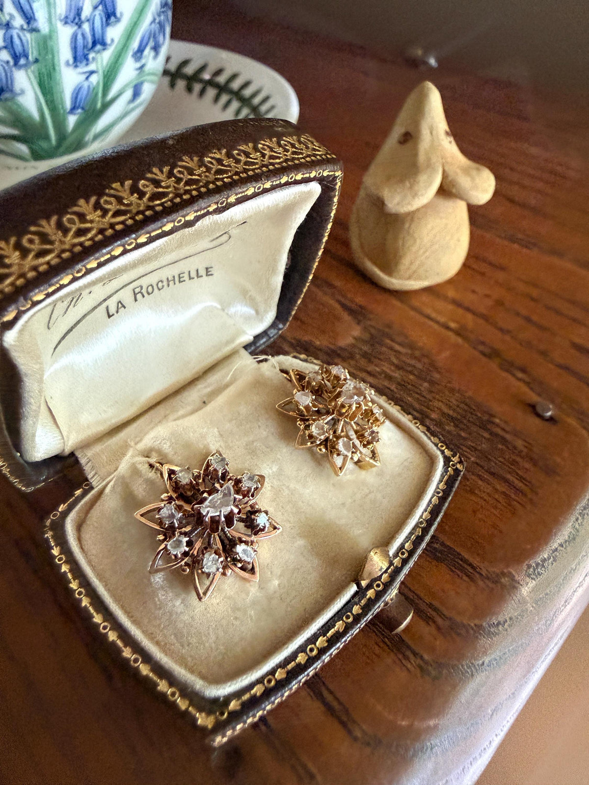 STAR Floral Antique Iberian Earrings Georgian Era 18k Gold Figural Rose Cut Diamond Starburst 3D Traditional Spanish Regional