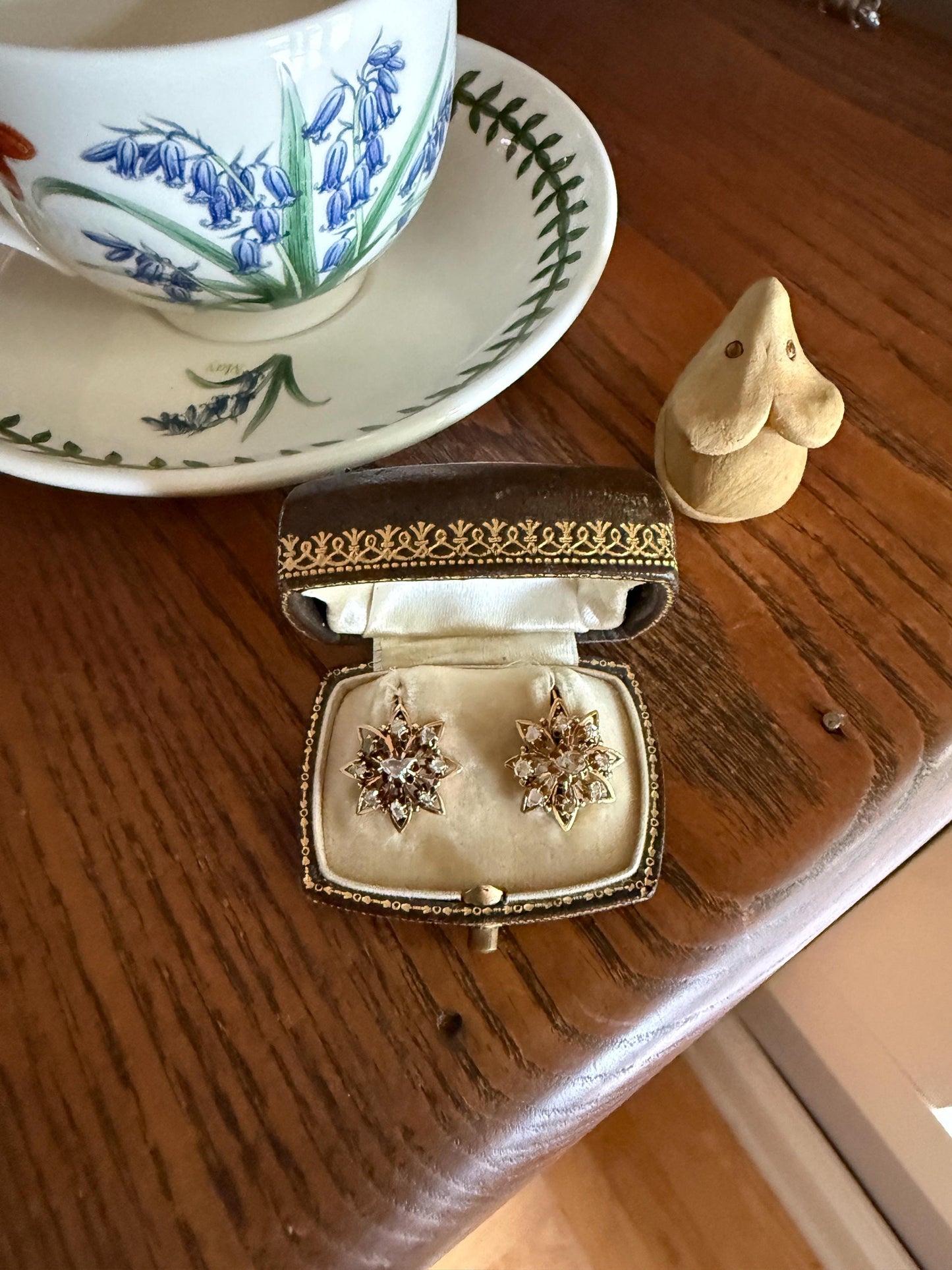STAR Floral Antique Iberian Earrings Georgian Era 18k Gold Figural Rose Cut Diamond Starburst 3D Traditional Spanish Regional