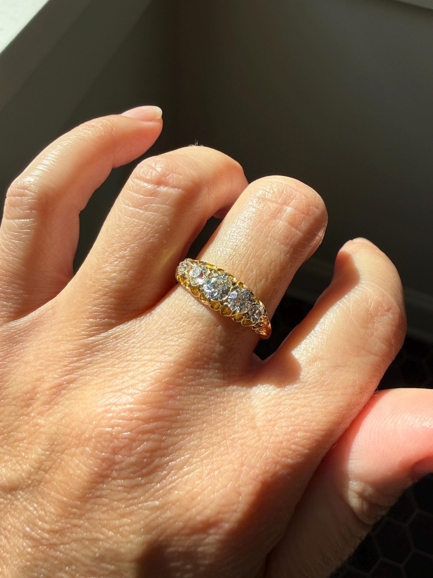 Victorian c1894 Antique 1.2 Carat Old Mine Cut Diamond Five Stone Ring 18k Gold Eye Clean Daily Wearer Band Scrolled Ornate