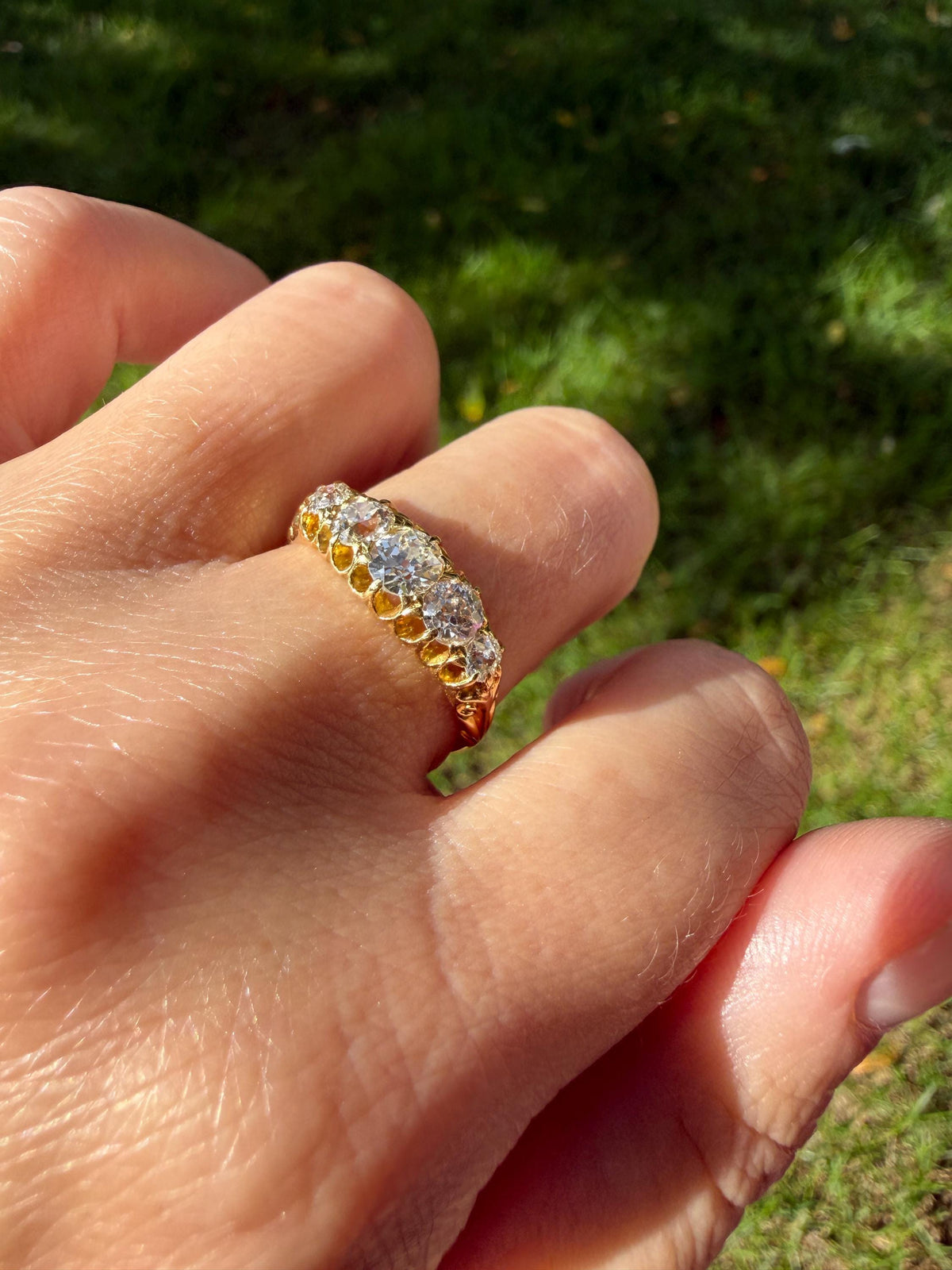 Victorian c1894 Antique 1.2 Carat Old Mine Cut Diamond Five Stone Ring 18k Gold Eye Clean Daily Wearer Band Scrolled Ornate