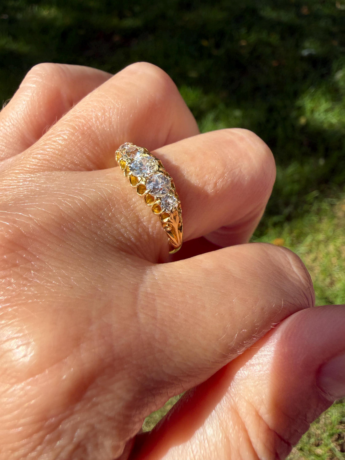 Victorian c1894 Antique 1.2 Carat Old Mine Cut Diamond Five Stone Ring 18k Gold Eye Clean Daily Wearer Band Scrolled Ornate