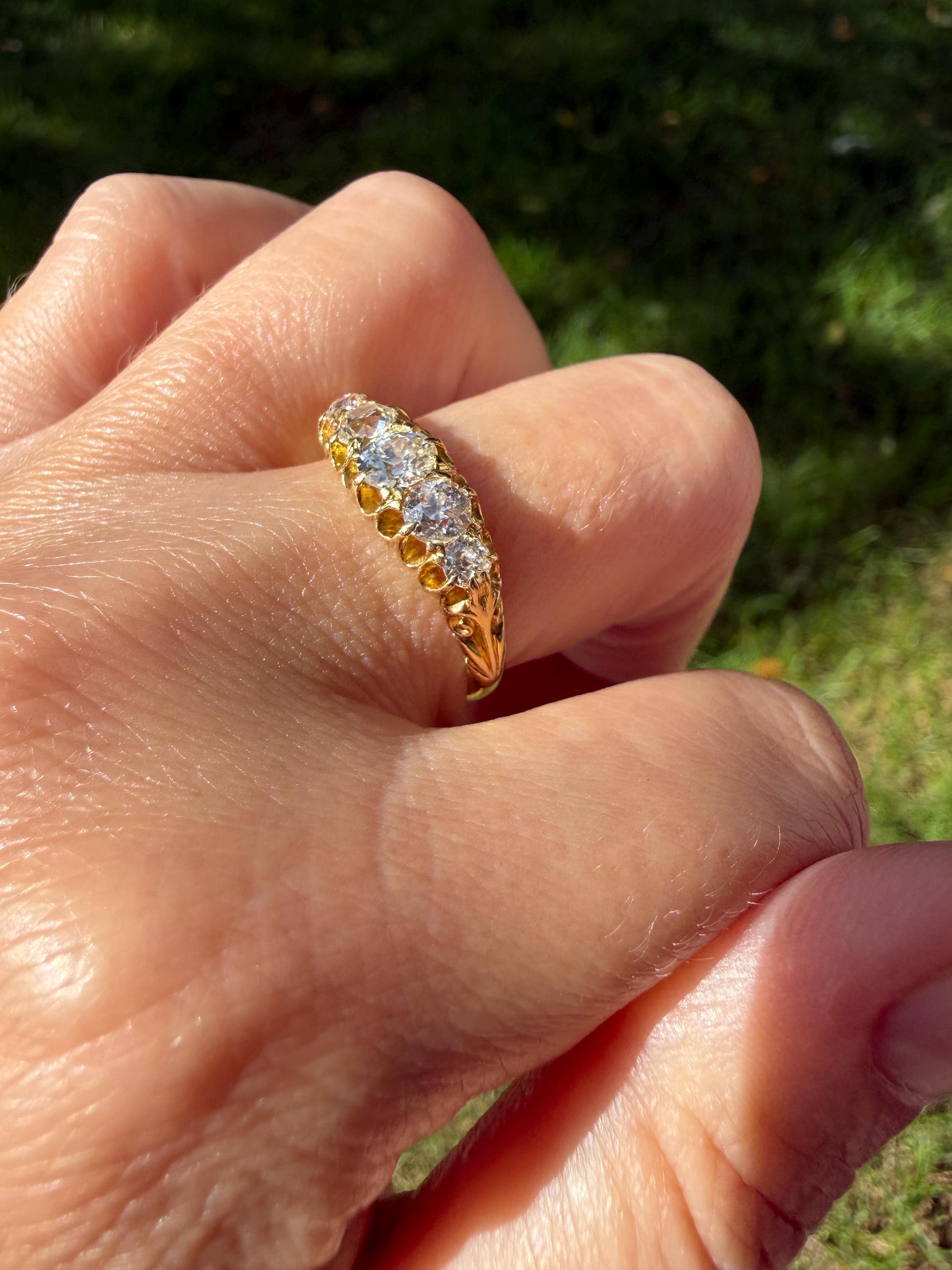 Victorian c1894 Antique 1.2 Carat Old Mine Cut Diamond Five Stone Ring 18k Gold Eye Clean Daily Wearer Band Scrolled Ornate