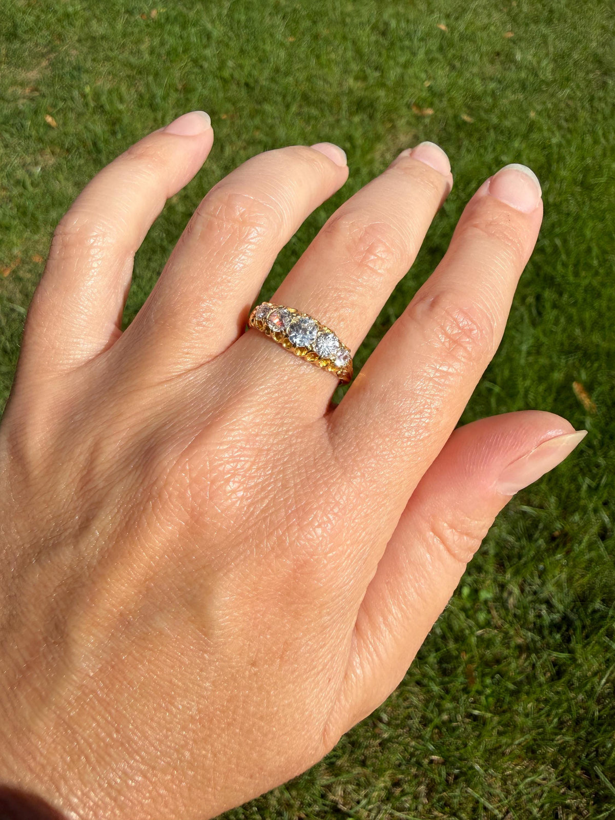Victorian c1894 Antique 1.2 Carat Old Mine Cut Diamond Five Stone Ring 18k Gold Eye Clean Daily Wearer Band Scrolled Ornate