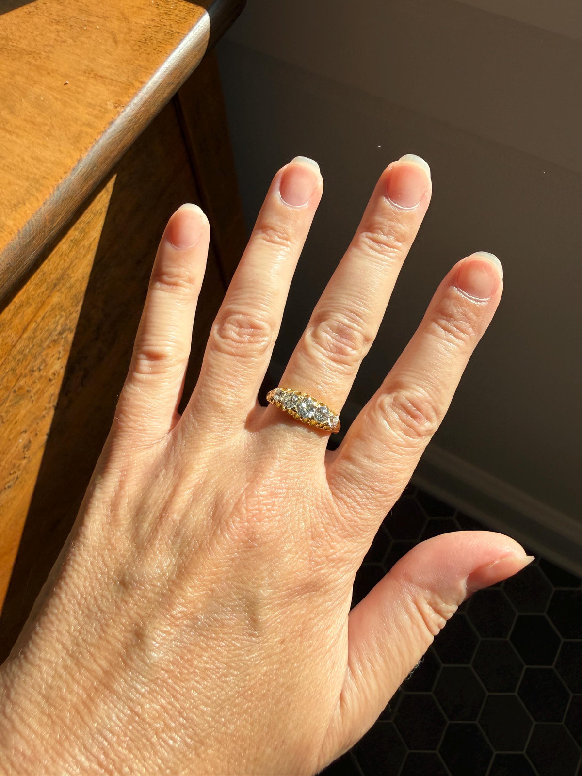 Victorian c1894 Antique 1.2 Carat Old Mine Cut Diamond Five Stone Ring 18k Gold Eye Clean Daily Wearer Band Scrolled Ornate