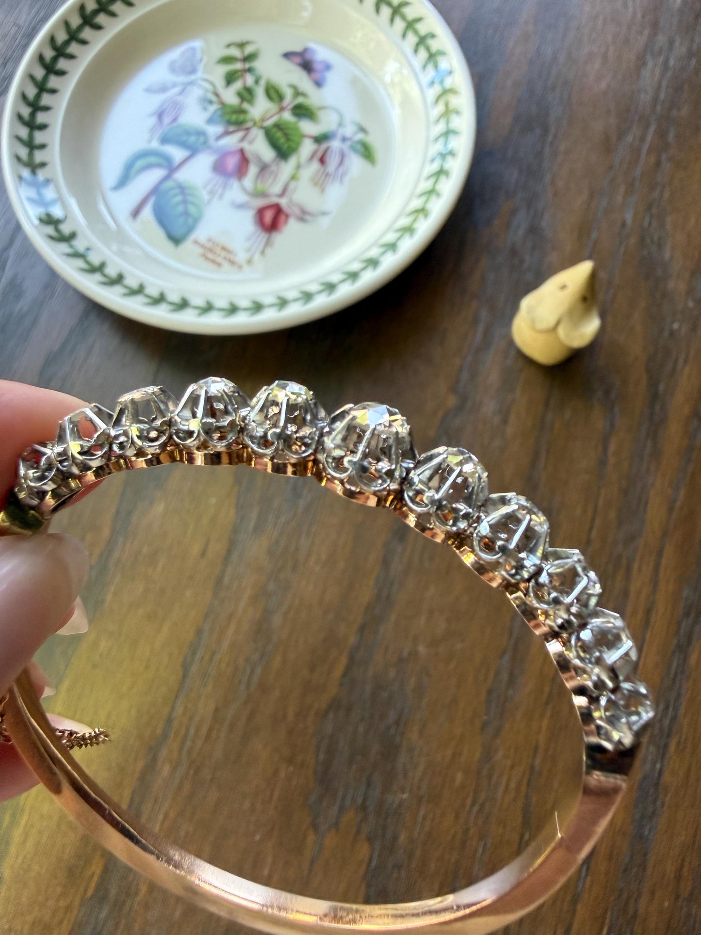 ANTIQUE Rose Cut DIAMOND Bangle Bracelet Boxed French Victorian 20g 18k Gold Platinum Crown Fleur de Lis Prongs Ornate Wriststack Open Back