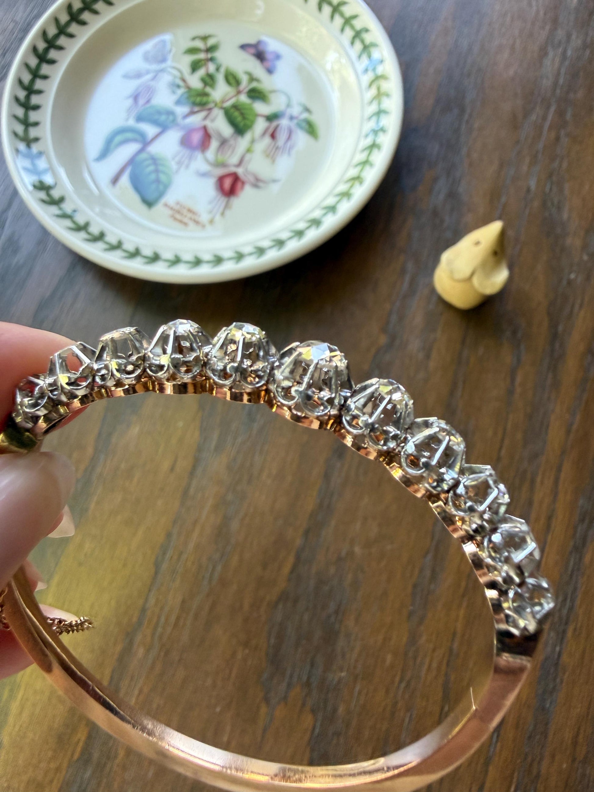 ANTIQUE Rose Cut DIAMOND Bangle Bracelet Boxed French Victorian 20g 18k Gold Platinum Crown Fleur de Lis Prongs Ornate Wriststack Open Back