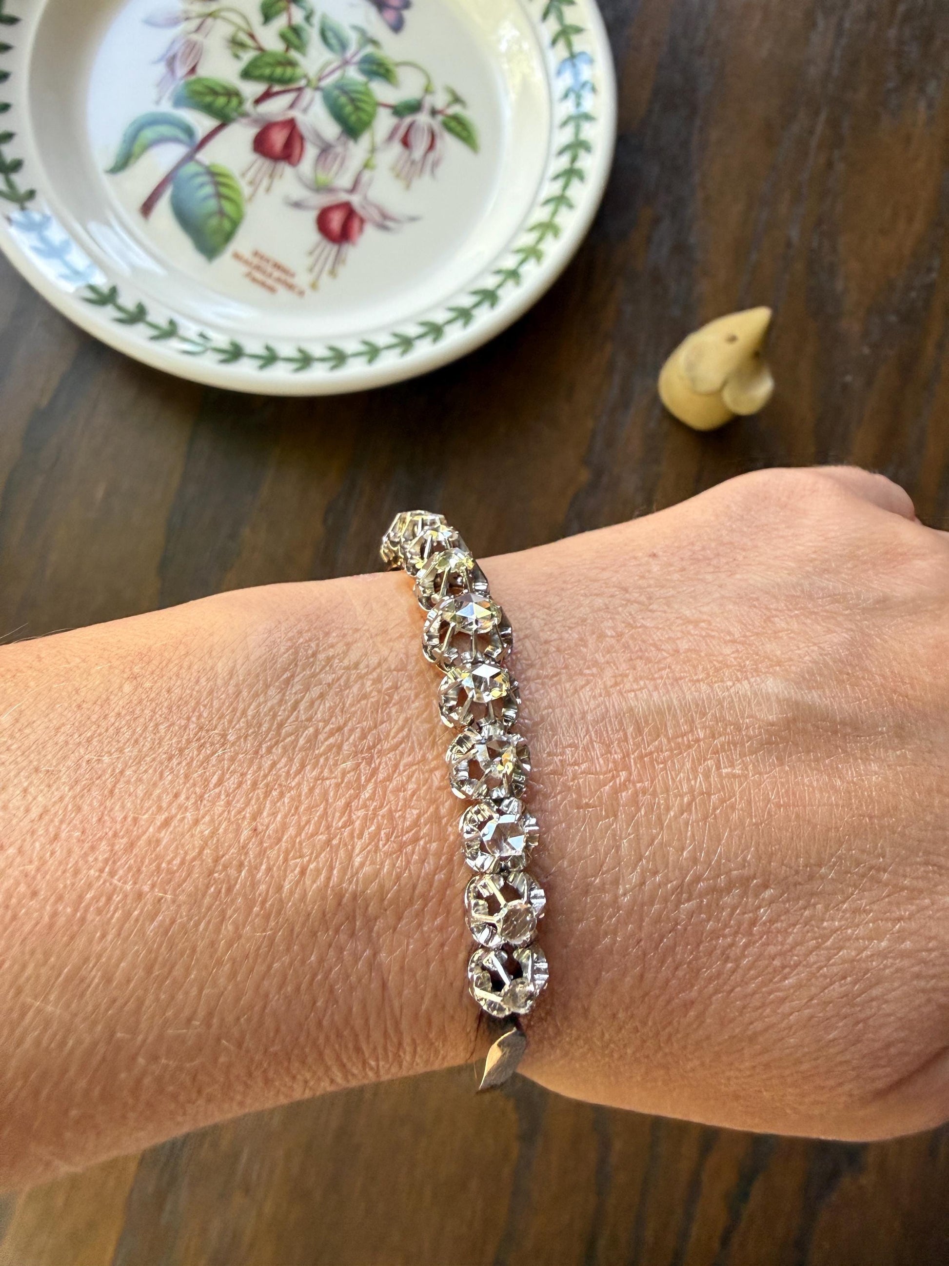 ANTIQUE Rose Cut DIAMOND Bangle Bracelet Boxed French Victorian 20g 18k Gold Platinum Crown Fleur de Lis Prongs Ornate Wriststack Open Back