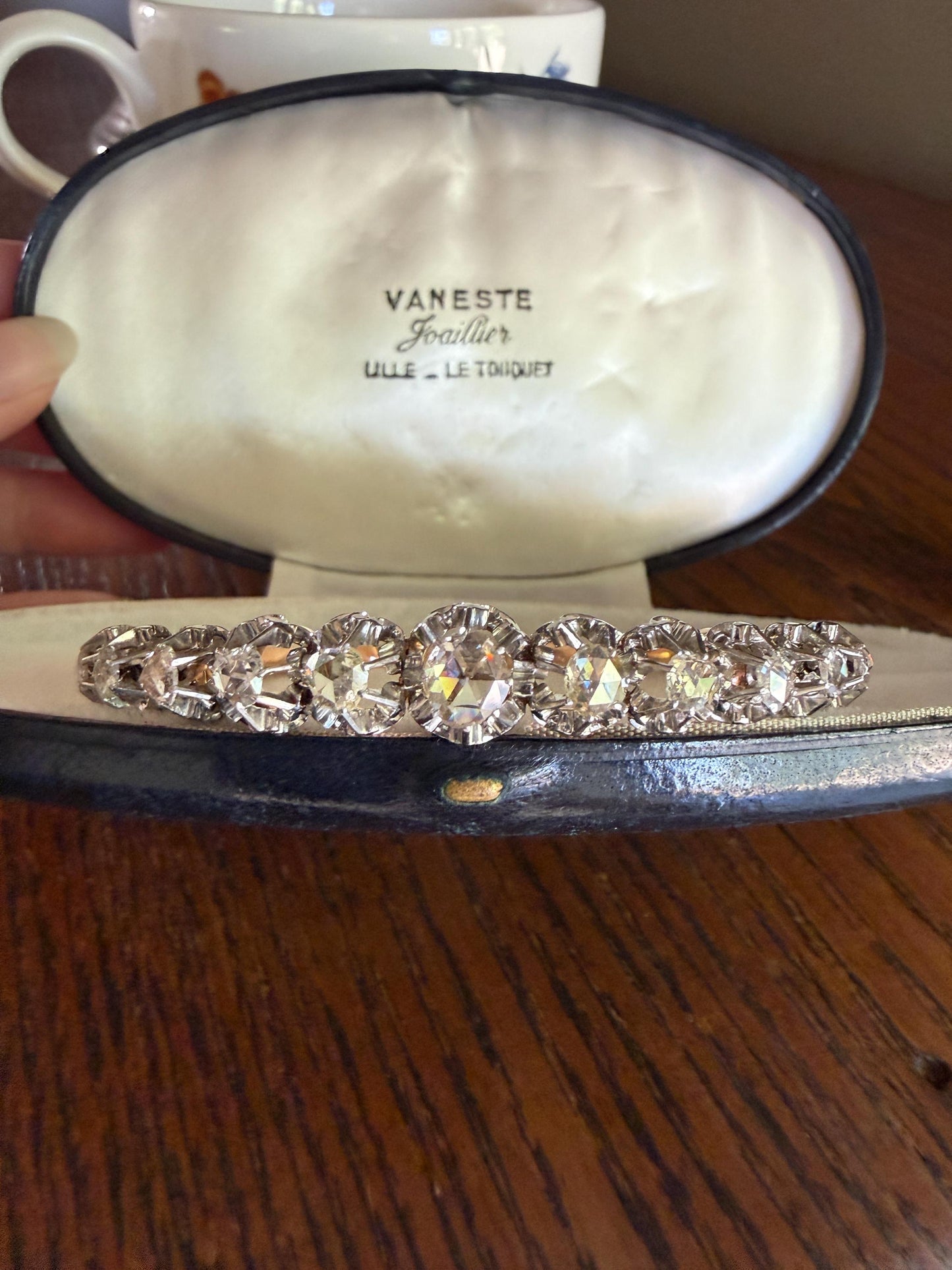 ANTIQUE Rose Cut DIAMOND Bangle Bracelet Boxed French Victorian 20g 18k Gold Platinum Crown Fleur de Lis Prongs Ornate Wriststack Open Back