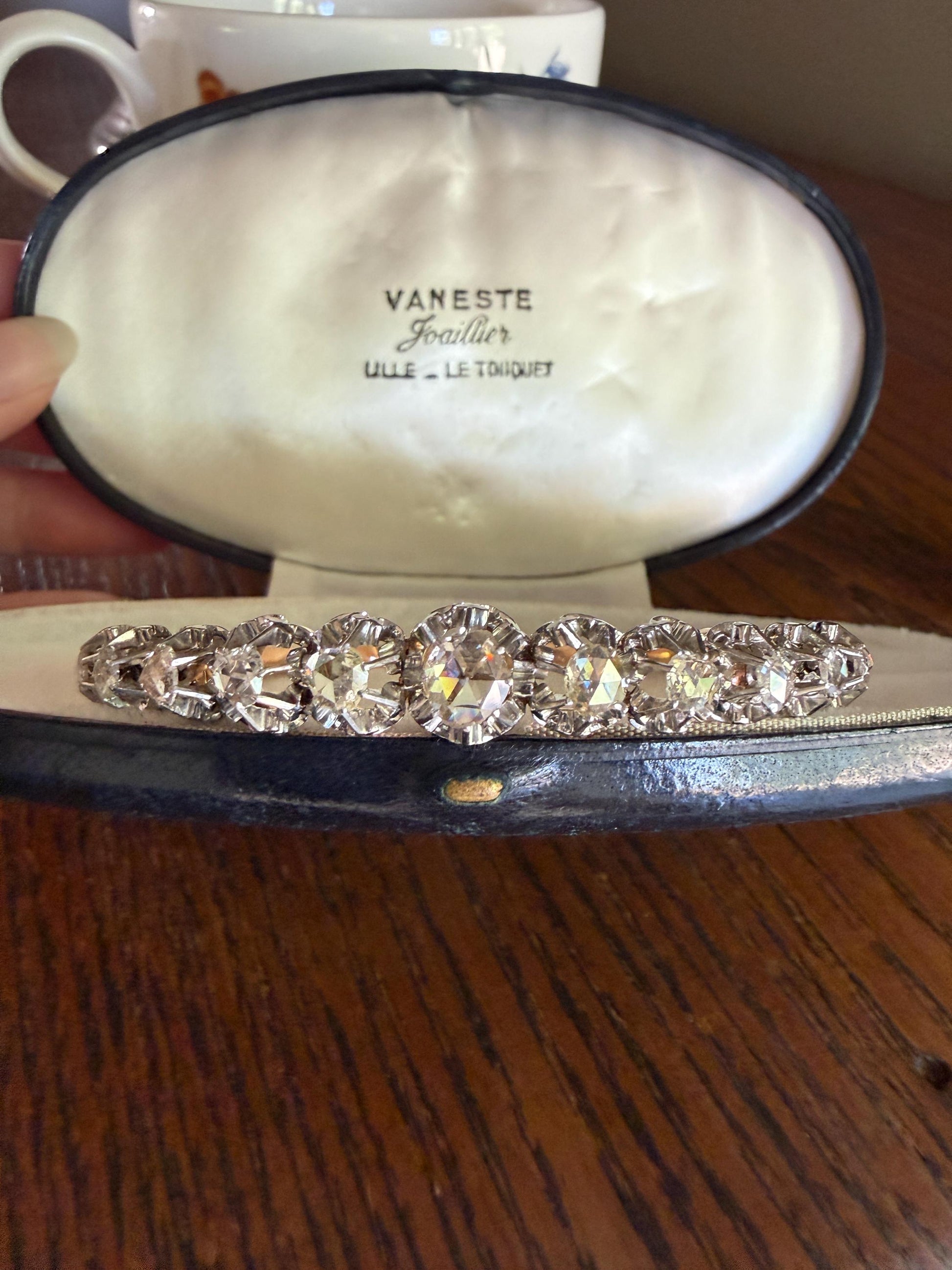 ANTIQUE Rose Cut DIAMOND Bangle Bracelet Boxed French Victorian 20g 18k Gold Platinum Crown Fleur de Lis Prongs Ornate Wriststack Open Back