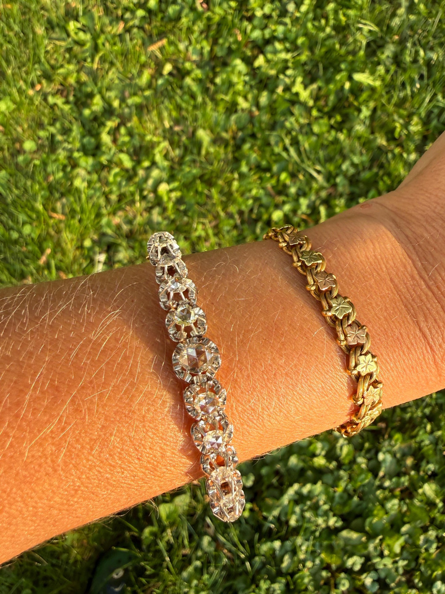ANTIQUE Rose Cut DIAMOND Bangle Bracelet Boxed French Victorian 20g 18k Gold Platinum Crown Fleur de Lis Prongs Ornate Wriststack Open Back