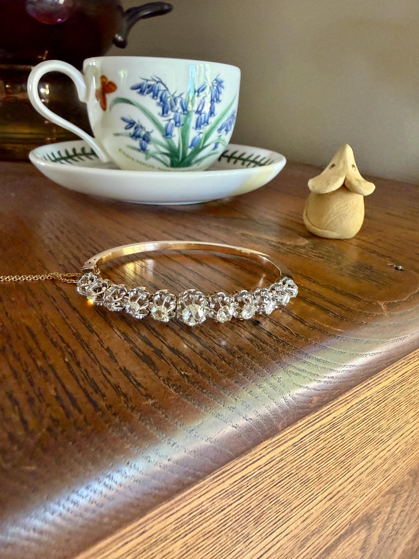 ANTIQUE Rose Cut DIAMOND Bangle Bracelet Boxed French Victorian 20g 18k Gold Platinum Crown Fleur de Lis Prongs Ornate Wriststack Open Back