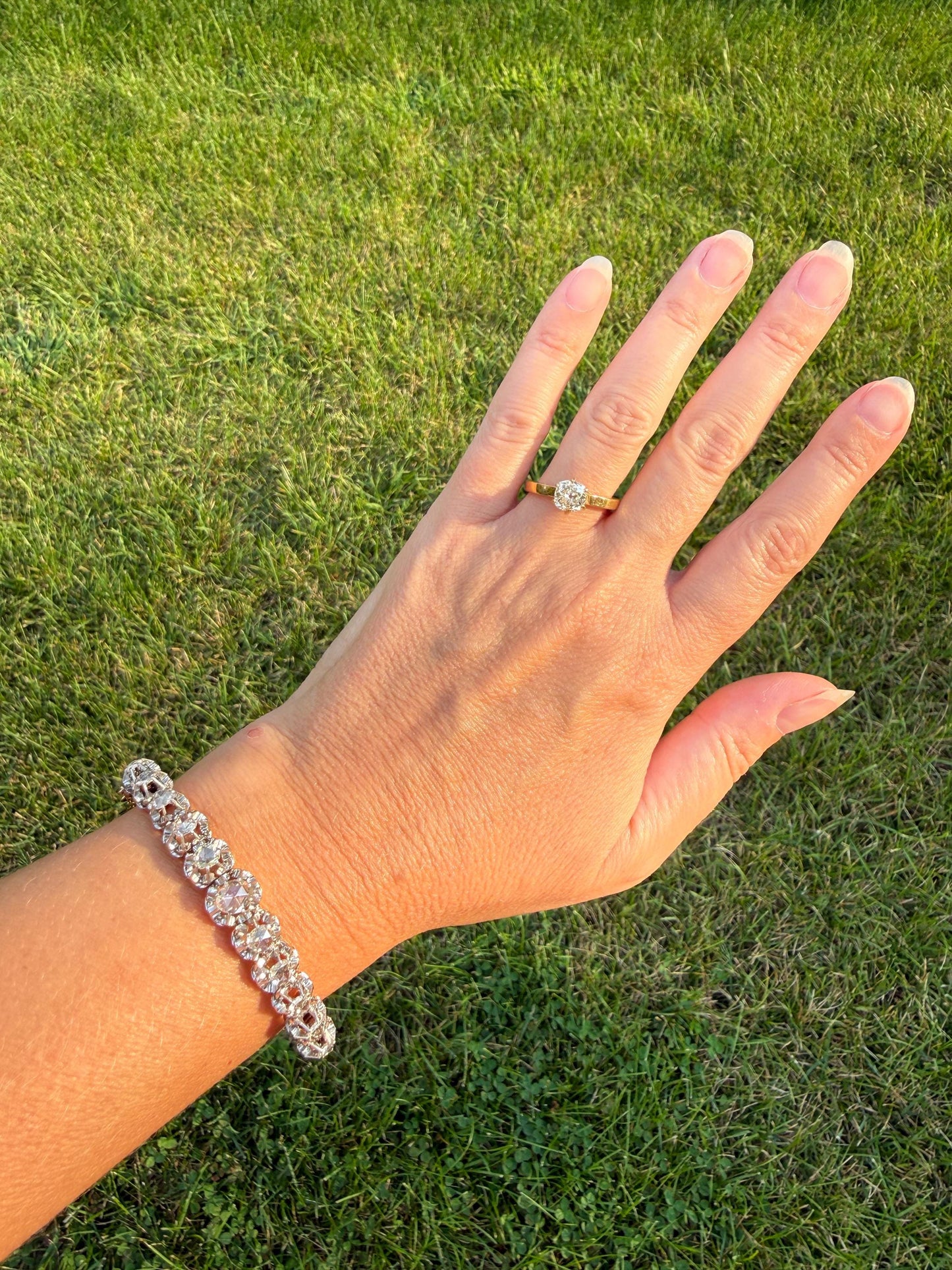 ANTIQUE Rose Cut DIAMOND Bangle Bracelet Boxed French Victorian 20g 18k Gold Platinum Crown Fleur de Lis Prongs Ornate Wriststack Open Back