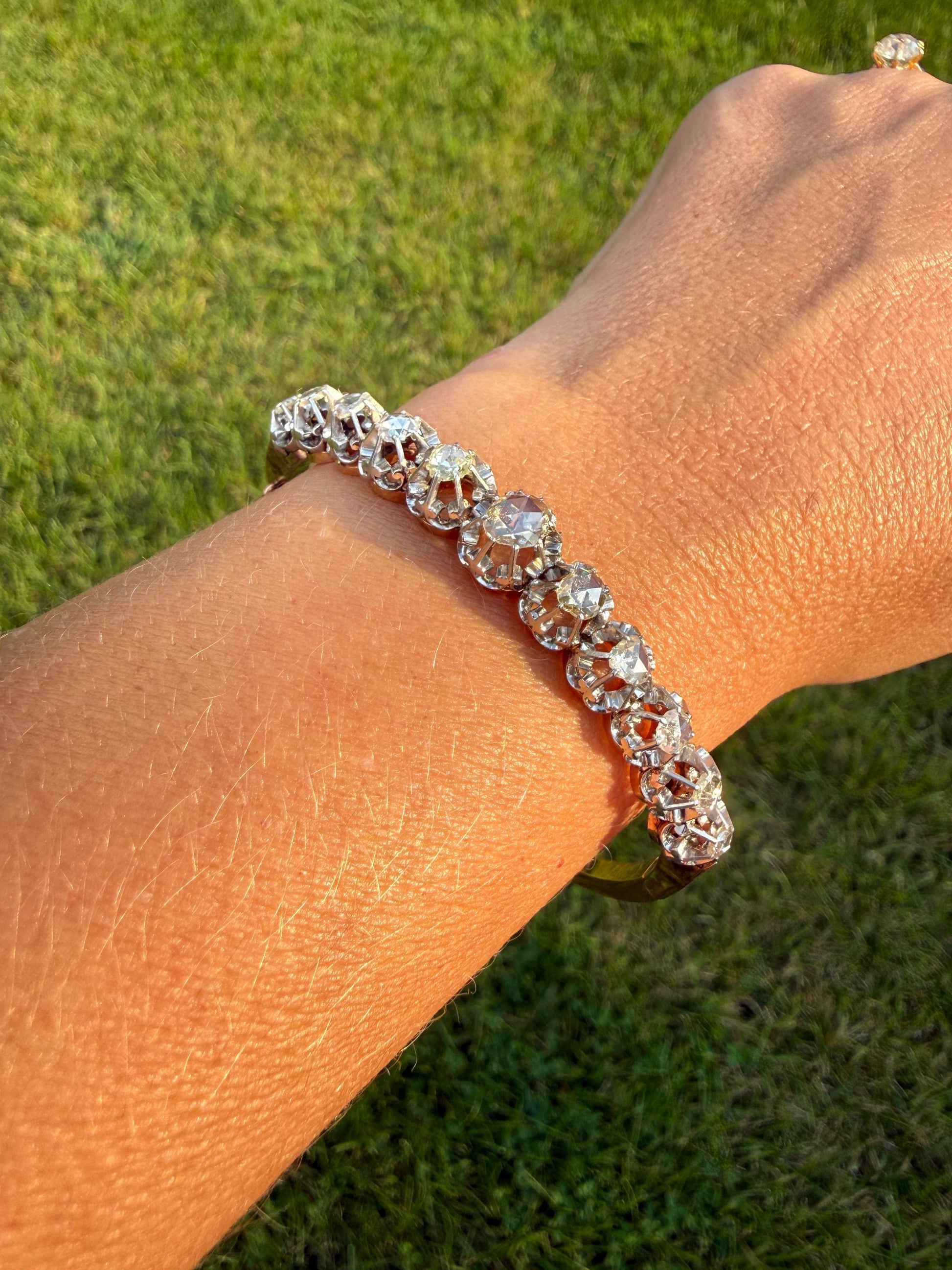 ANTIQUE Rose Cut DIAMOND Bangle Bracelet Boxed French Victorian 20g 18k Gold Platinum Crown Fleur de Lis Prongs Ornate Wriststack Open Back