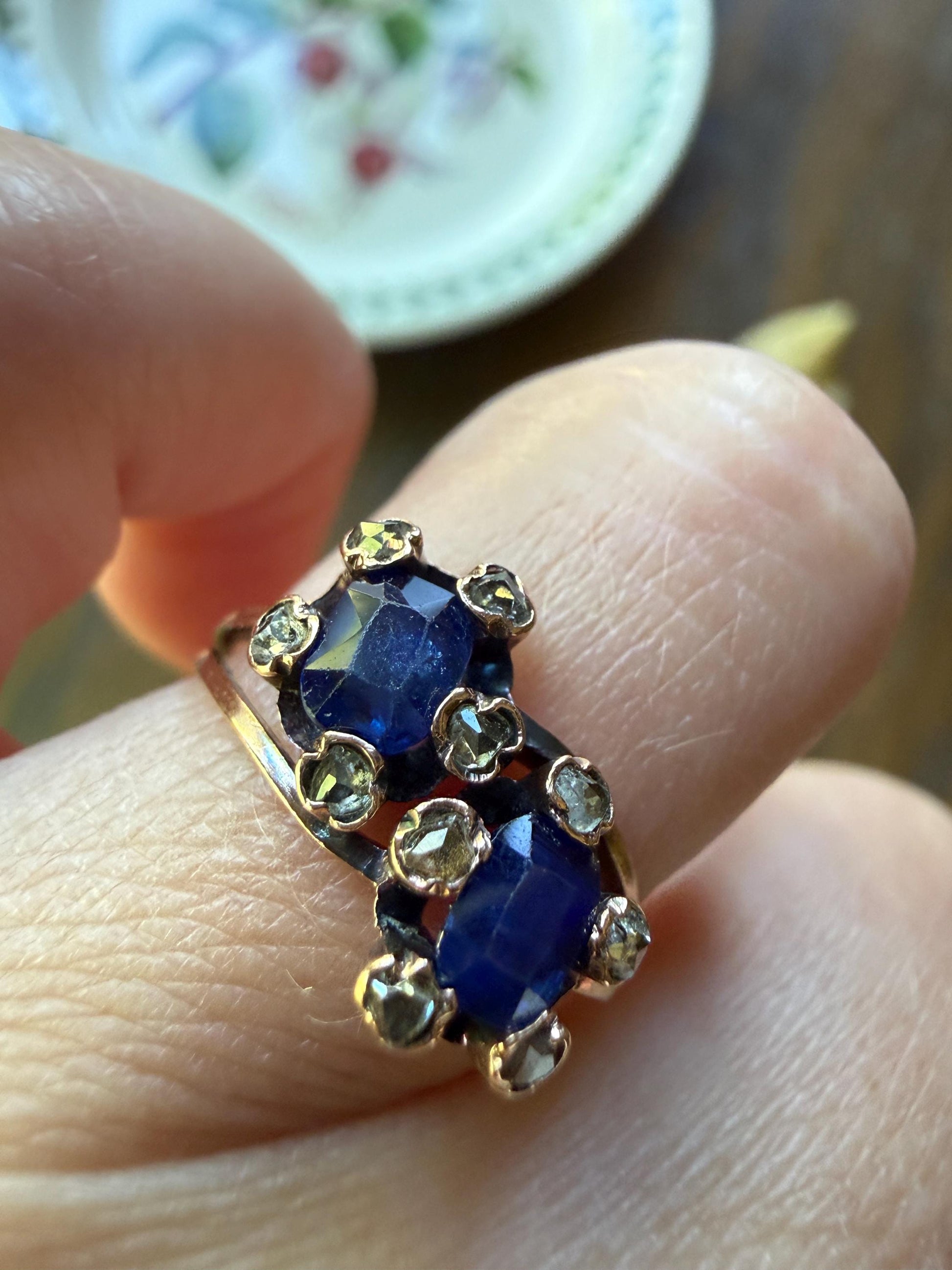 Antique Natural Sapphire Rose Cut Diamond Prongs Floral Halo Toi et Moi Ring French Victorian 18k Gold Bypass Blue Stacker