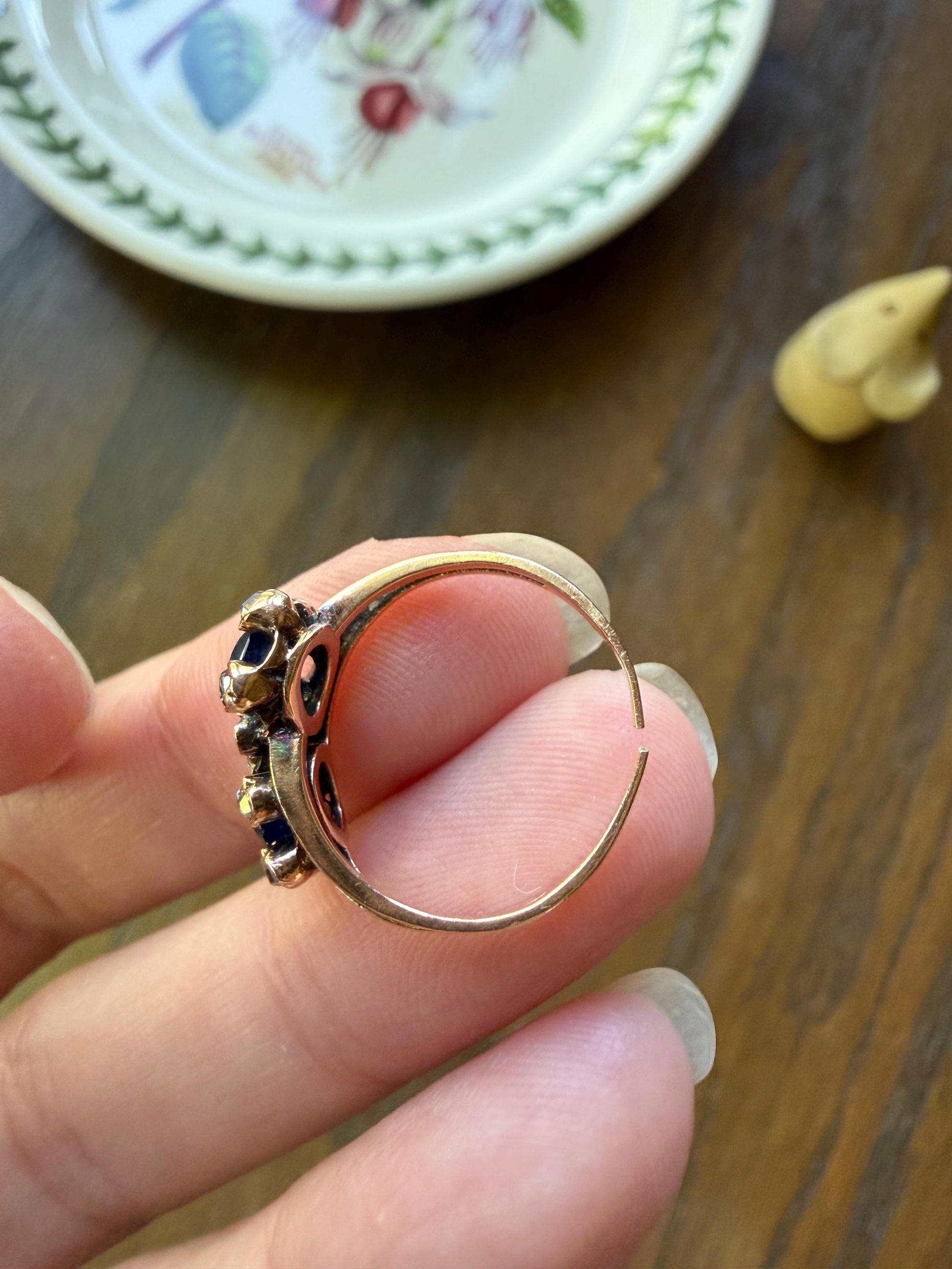 Antique Natural Sapphire Rose Cut Diamond Prongs Floral Halo Toi et Moi Ring French Victorian 18k Gold Bypass Blue Stacker