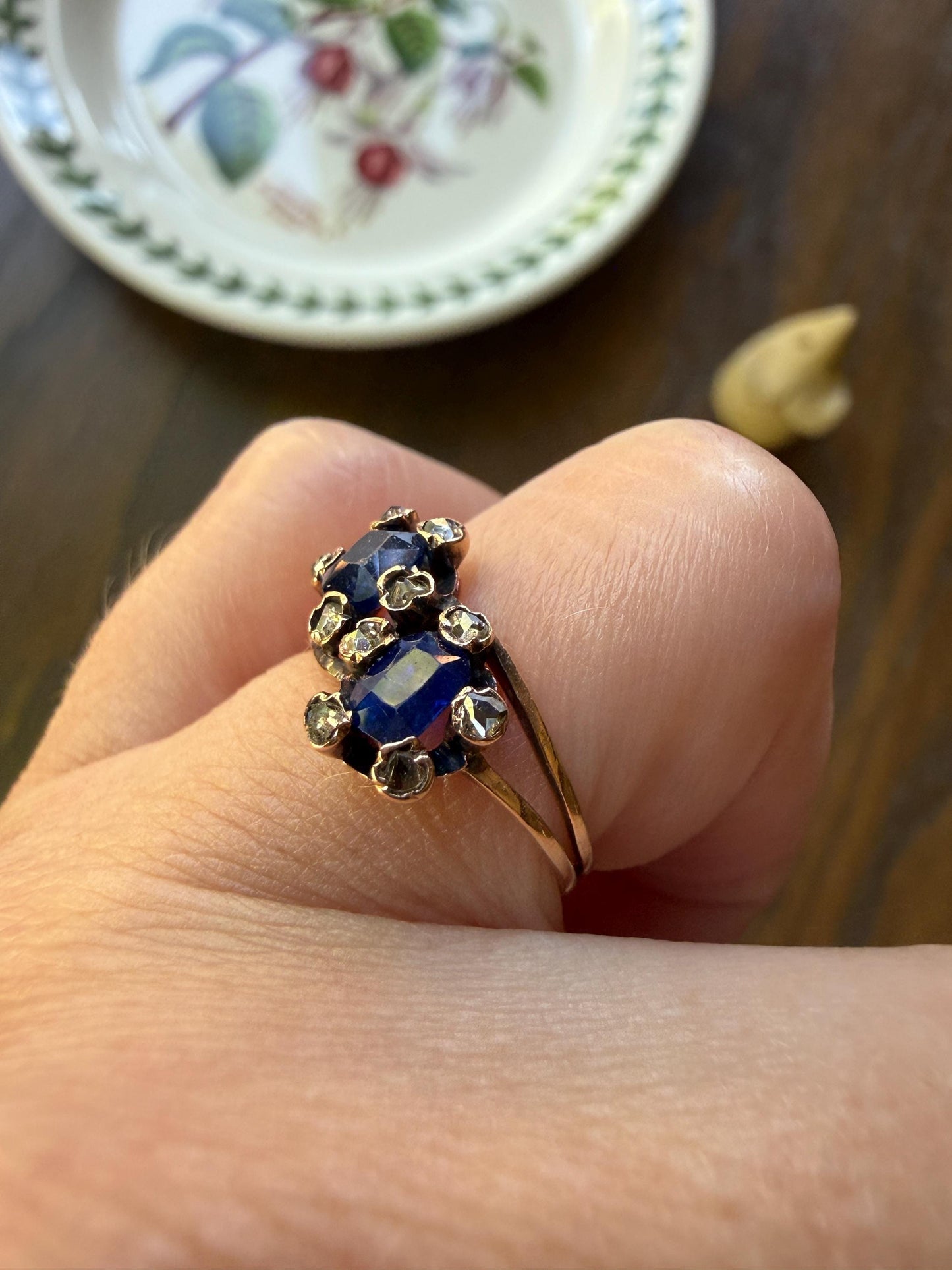 Antique Natural Sapphire Rose Cut Diamond Prongs Floral Halo Toi et Moi Ring French Victorian 18k Gold Bypass Blue Stacker