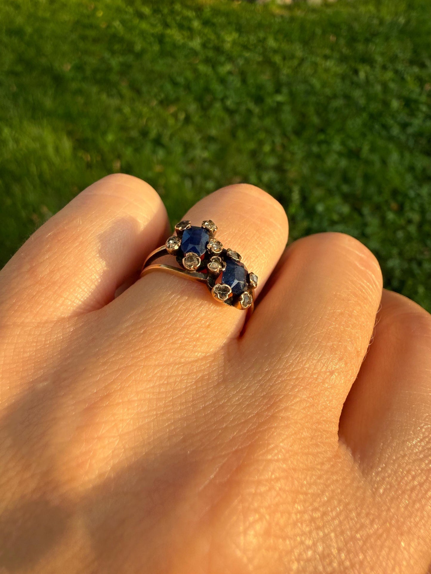Antique Natural Sapphire Rose Cut Diamond Prongs Floral Halo Toi et Moi Ring French Victorian 18k Gold Bypass Blue Stacker