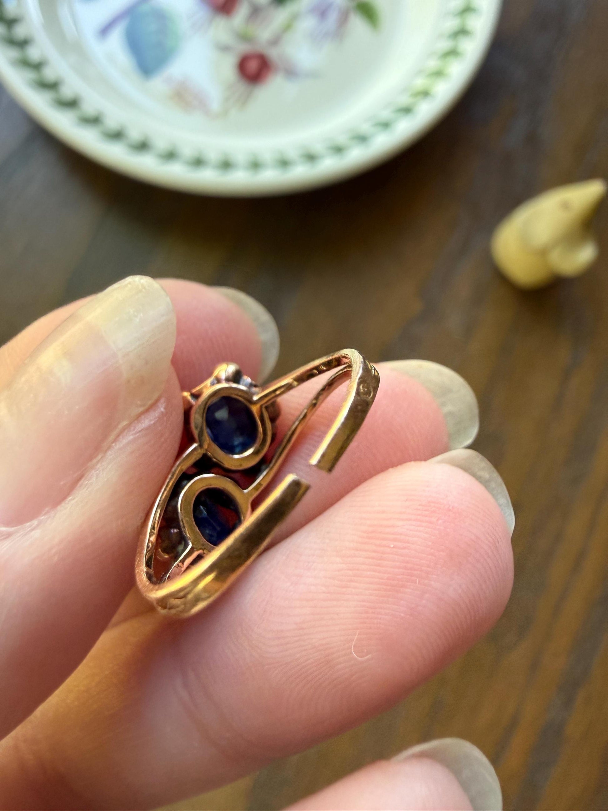 Antique Natural Sapphire Rose Cut Diamond Prongs Floral Halo Toi et Moi Ring French Victorian 18k Gold Bypass Blue Stacker