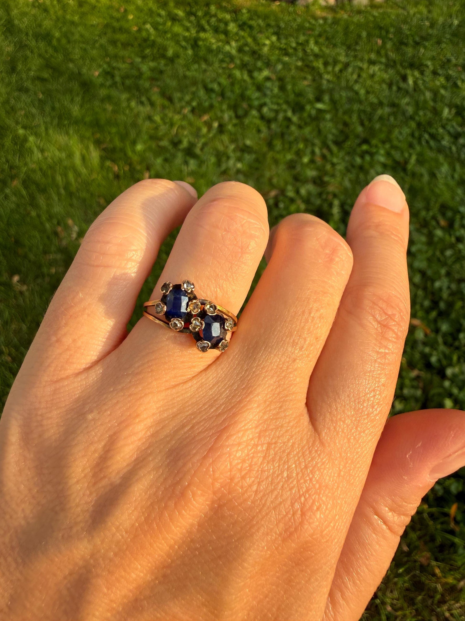 Antique Natural Sapphire Rose Cut Diamond Prongs Floral Halo Toi et Moi Ring French Victorian 18k Gold Bypass Blue Stacker