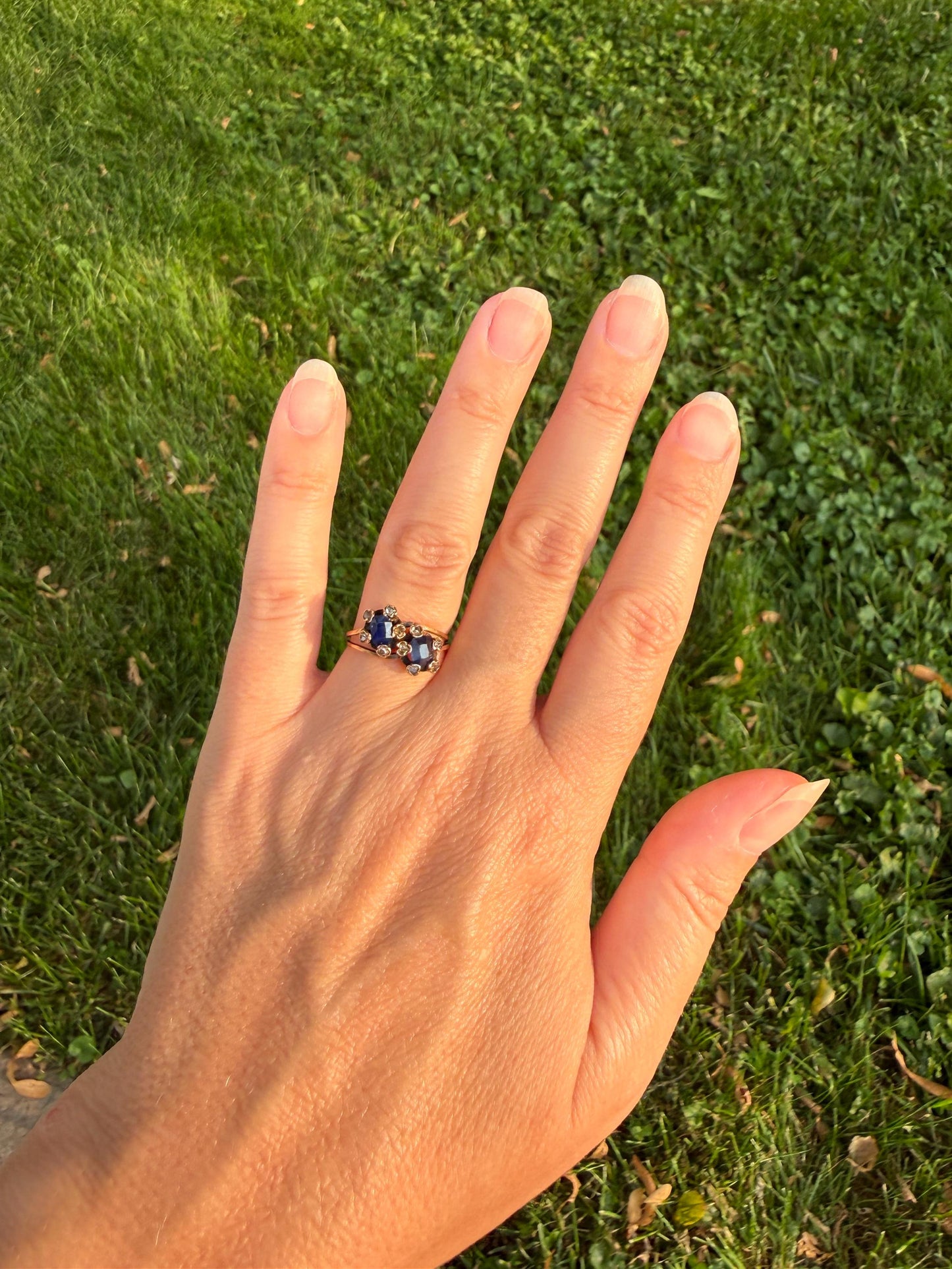 Antique Natural Sapphire Rose Cut Diamond Prongs Floral Halo Toi et Moi Ring French Victorian 18k Gold Bypass Blue Stacker