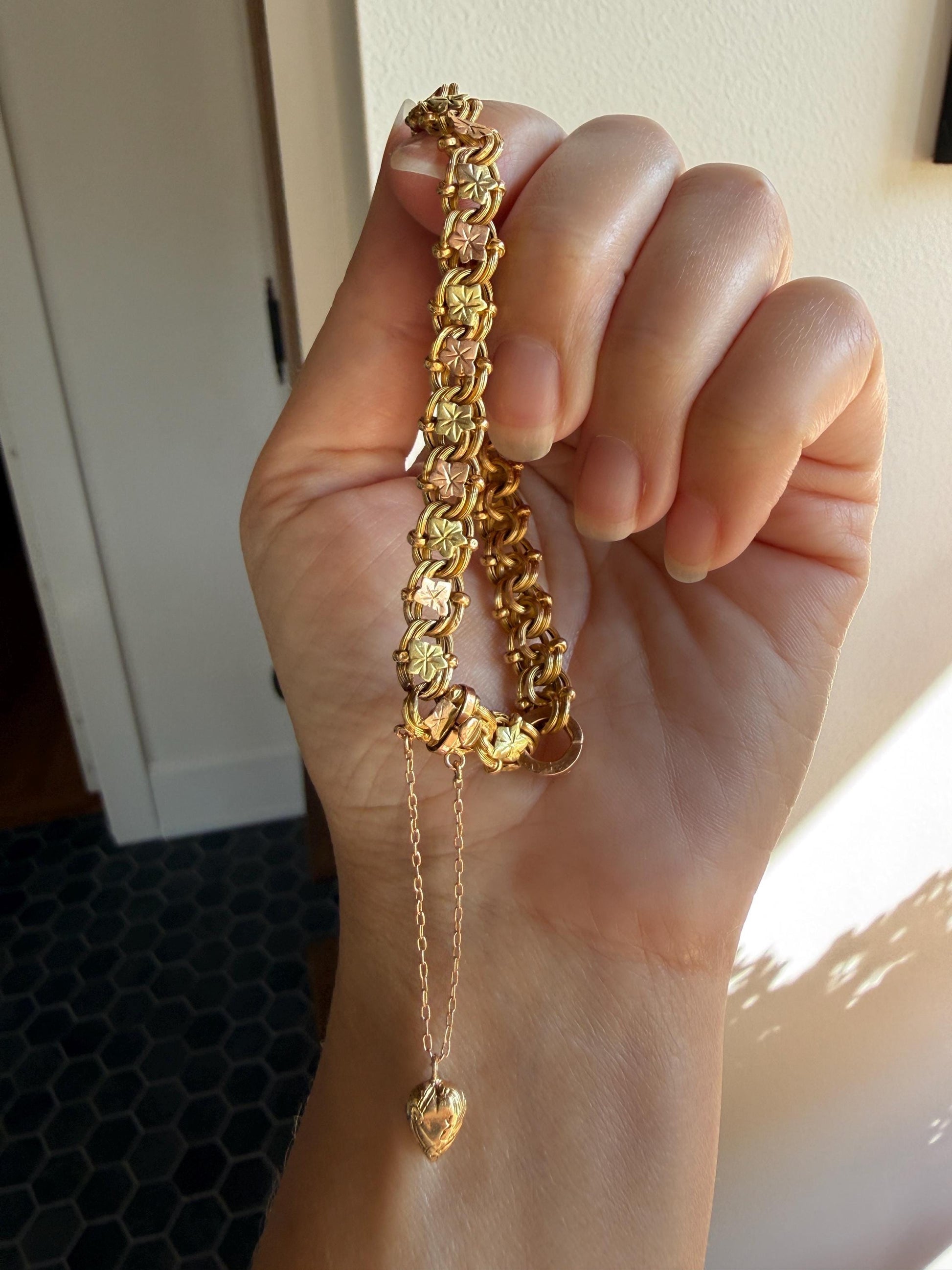 LEAF French Antique Tricolor 8.6g 18k GOLD Solid Braided Double Link Chain Bracelet Heart Charm Figural Leaves Rivet Rose Green Victorian