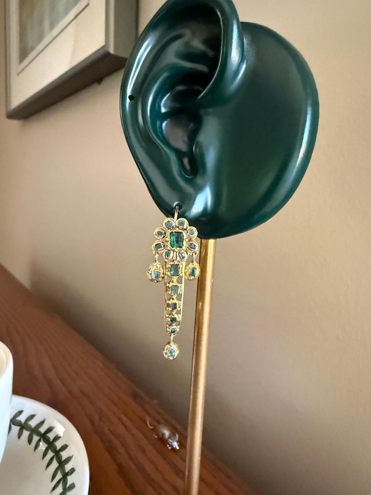ANTIQUE Iberian Natural Square Cut EMERALD Georgian Era Floral Dangle Linear Earrings Boxed 18k Gold Hand Made Baroque Green