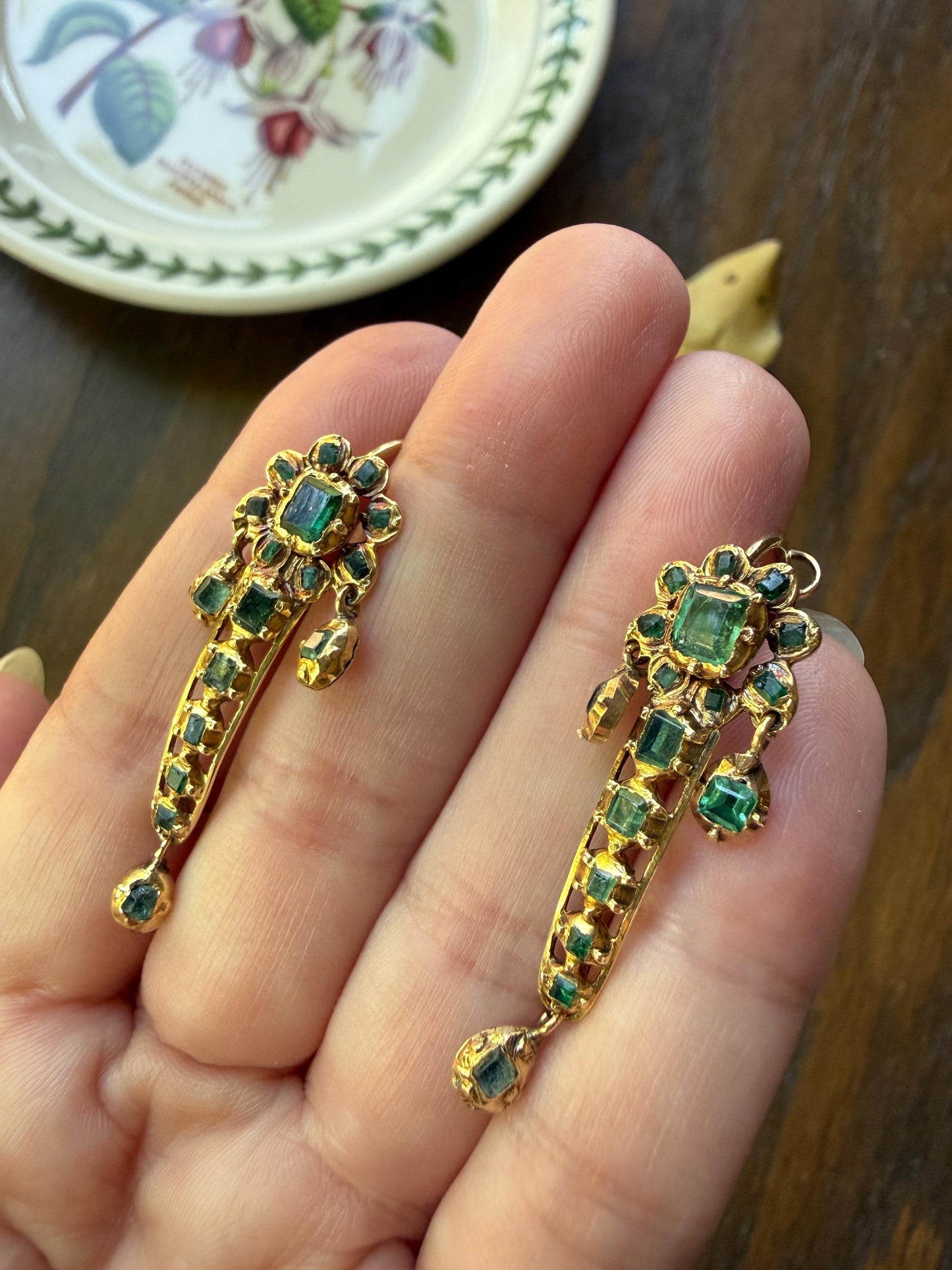 ANTIQUE Iberian Natural Square Cut EMERALD Georgian Era Floral Dangle Linear Earrings Boxed 18k Gold Hand Made Baroque Green