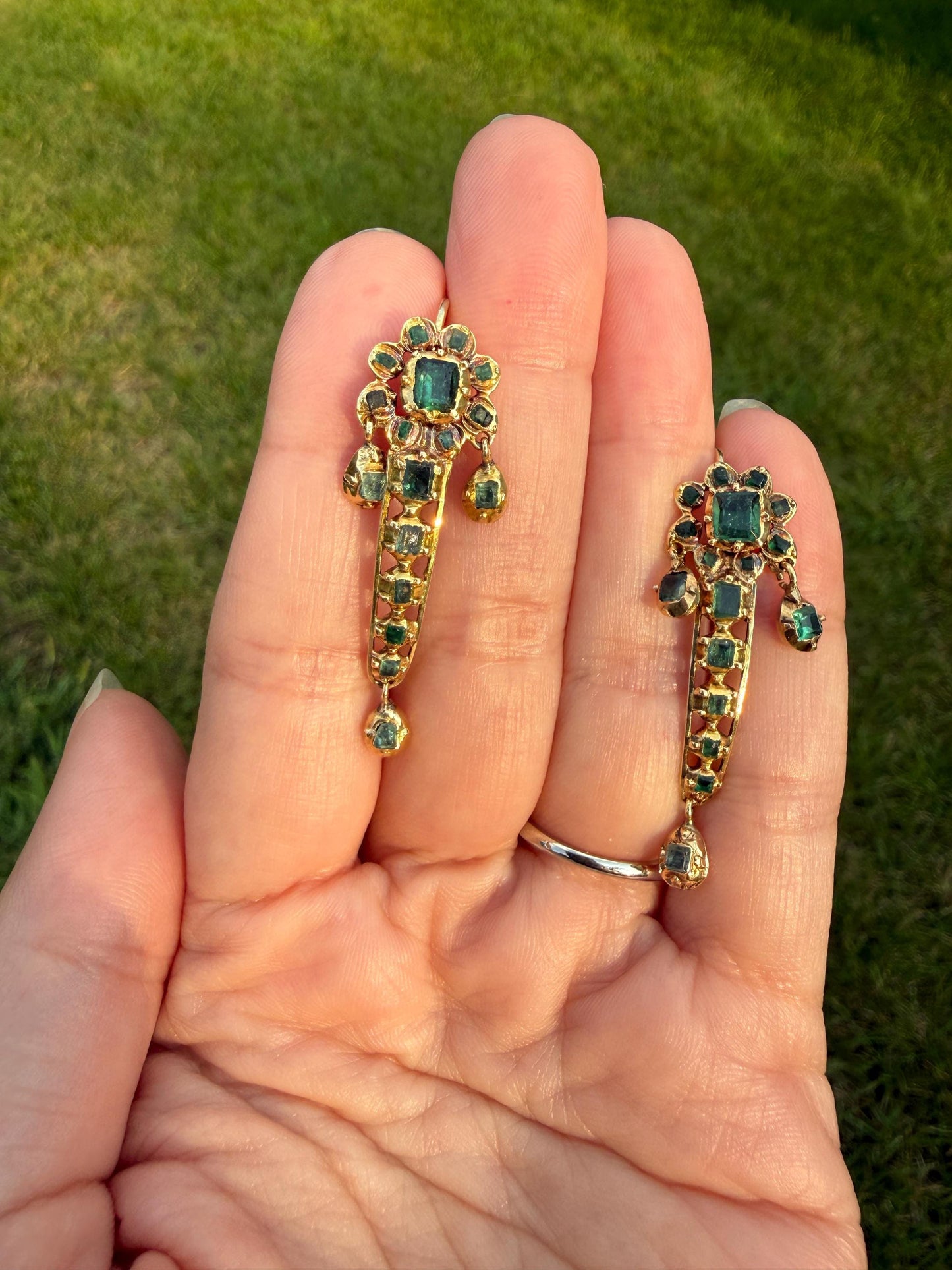 ANTIQUE Iberian Natural Square Cut EMERALD Georgian Era Floral Dangle Linear Earrings Boxed 18k Gold Hand Made Baroque Green