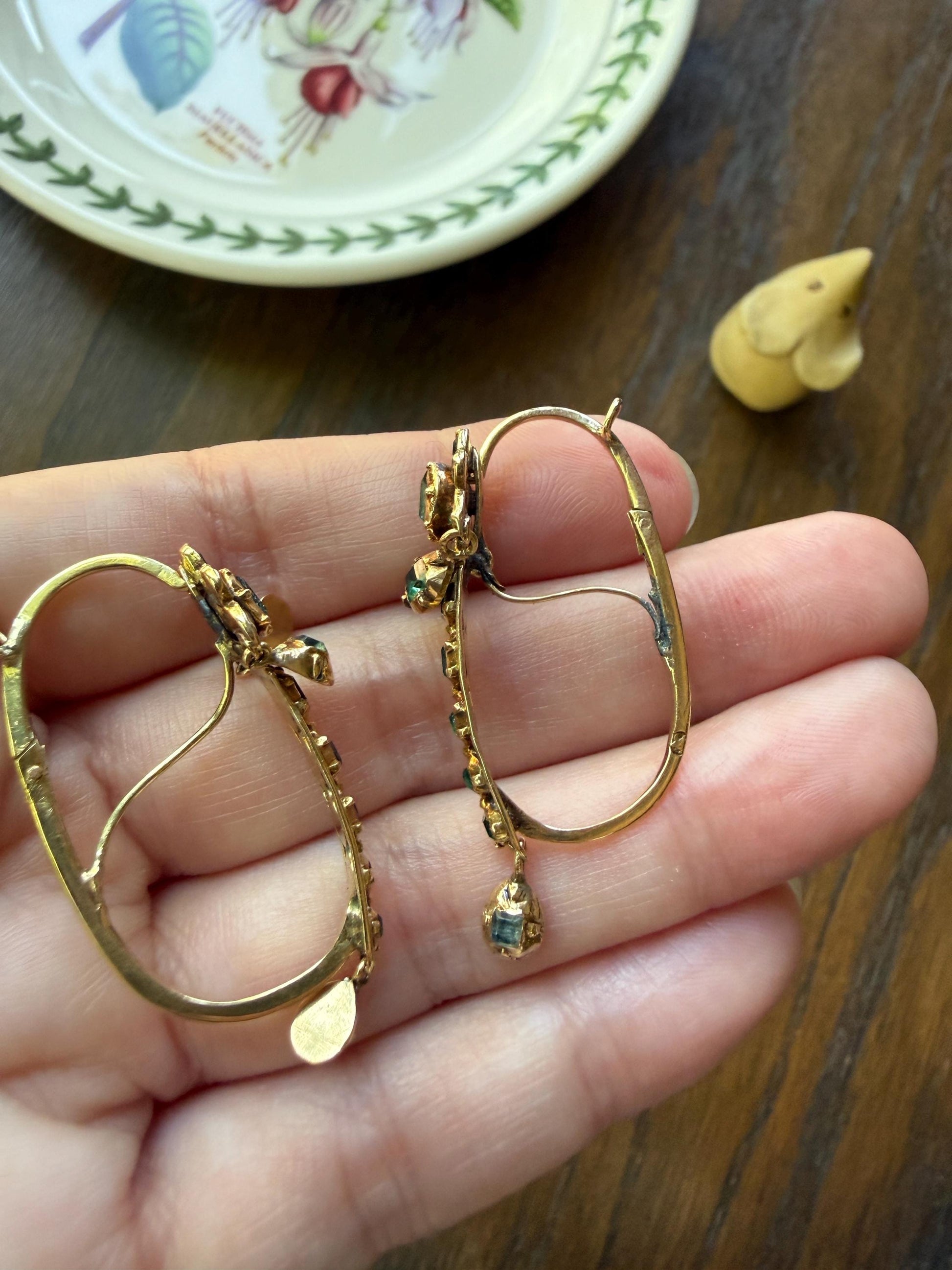 ANTIQUE Iberian Natural Square Cut EMERALD Georgian Era Floral Dangle Linear Earrings Boxed 18k Gold Hand Made Baroque Green