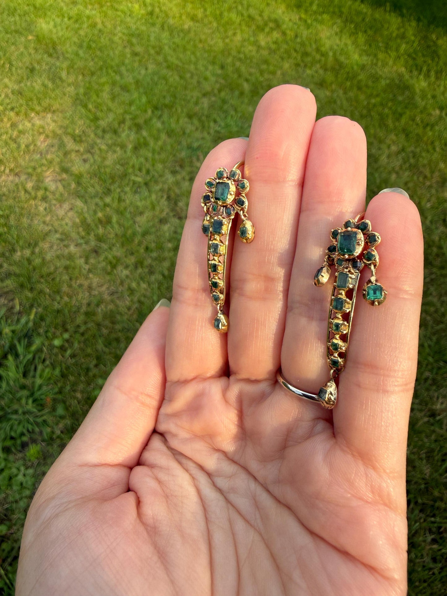 ANTIQUE Iberian Natural Square Cut EMERALD Georgian Era Floral Dangle Linear Earrings Boxed 18k Gold Hand Made Baroque Green