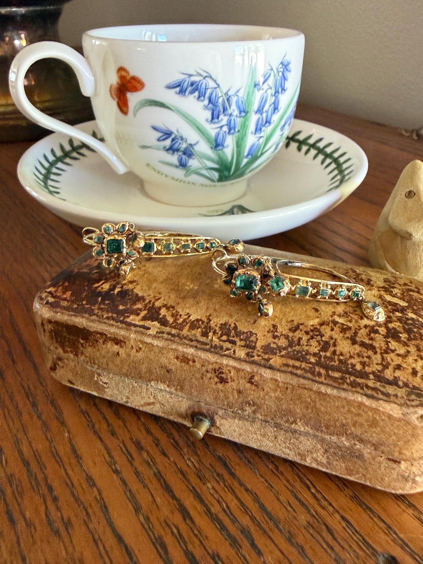 ANTIQUE Iberian Natural Square Cut EMERALD Georgian Era Floral Dangle Linear Earrings Boxed 18k Gold Hand Made Baroque Green