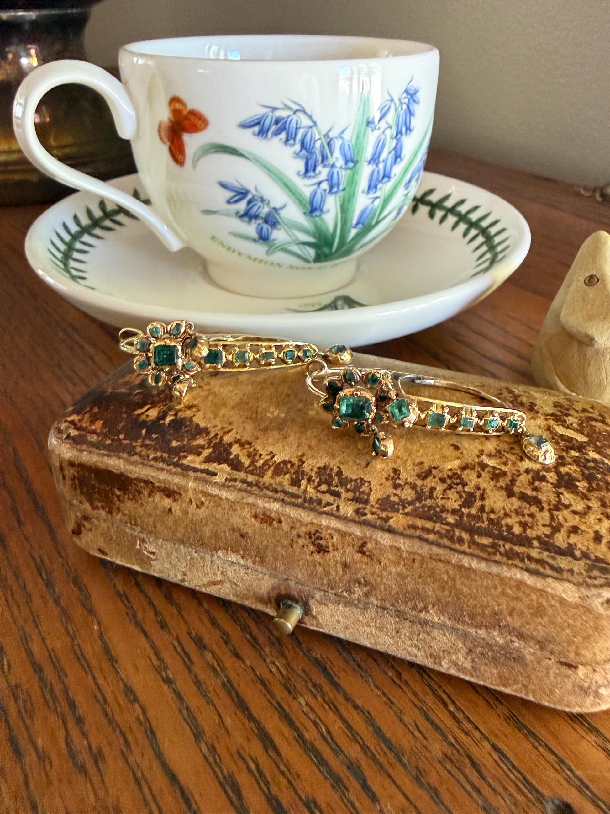 ANTIQUE Iberian Natural Square Cut EMERALD Georgian Era Floral Dangle Linear Earrings Boxed 18k Gold Hand Made Baroque Green