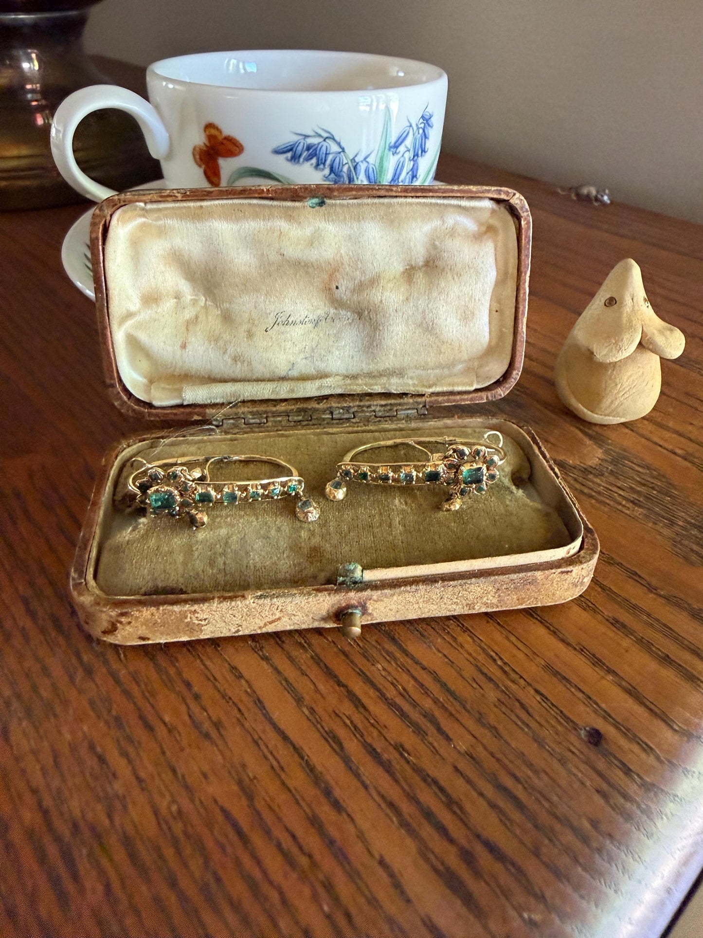 ANTIQUE Iberian Natural Square Cut EMERALD Georgian Era Floral Dangle Linear Earrings Boxed 18k Gold Hand Made Baroque Green