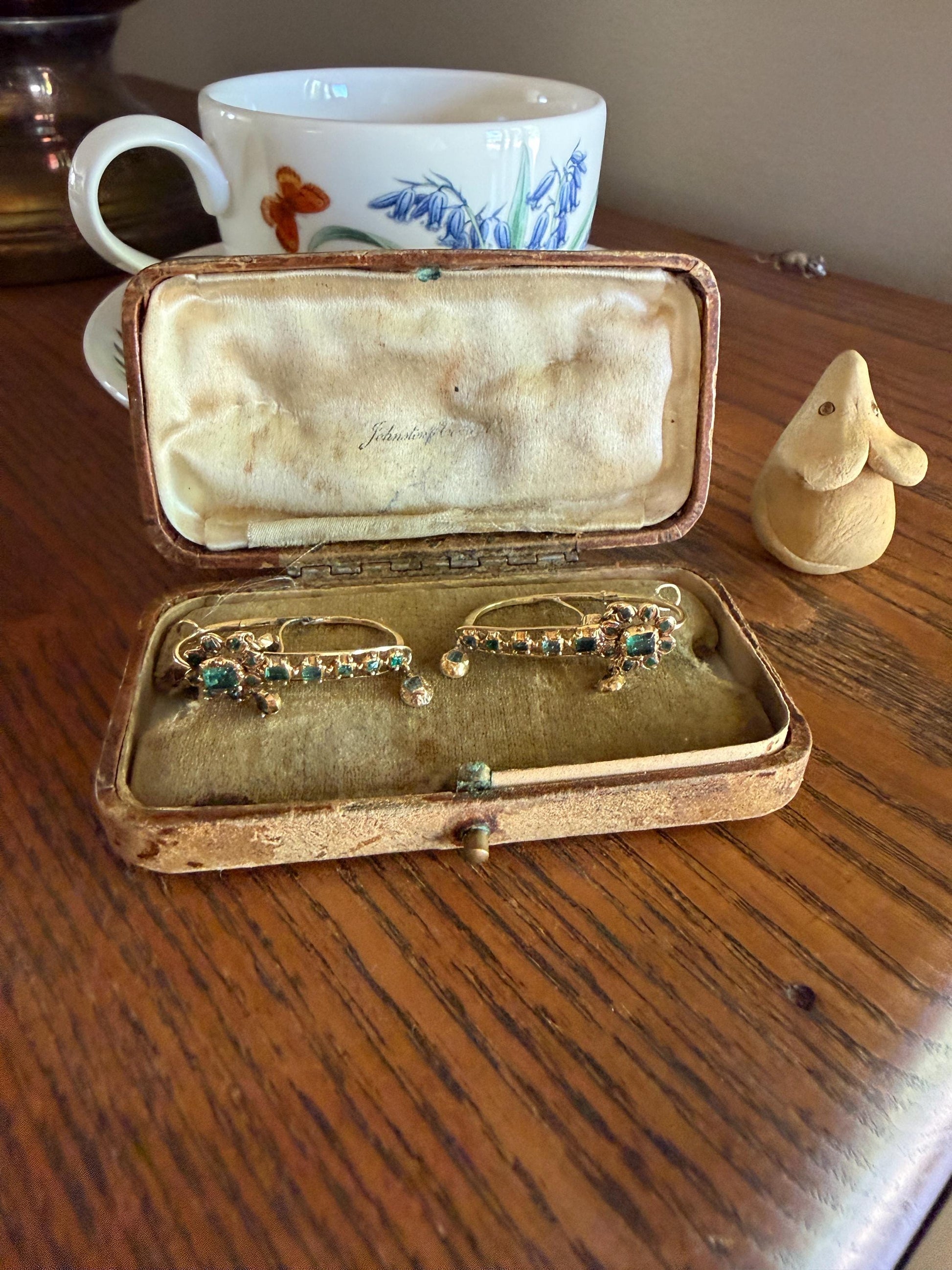 ANTIQUE Iberian Natural Square Cut EMERALD Georgian Era Floral Dangle Linear Earrings Boxed 18k Gold Hand Made Baroque Green