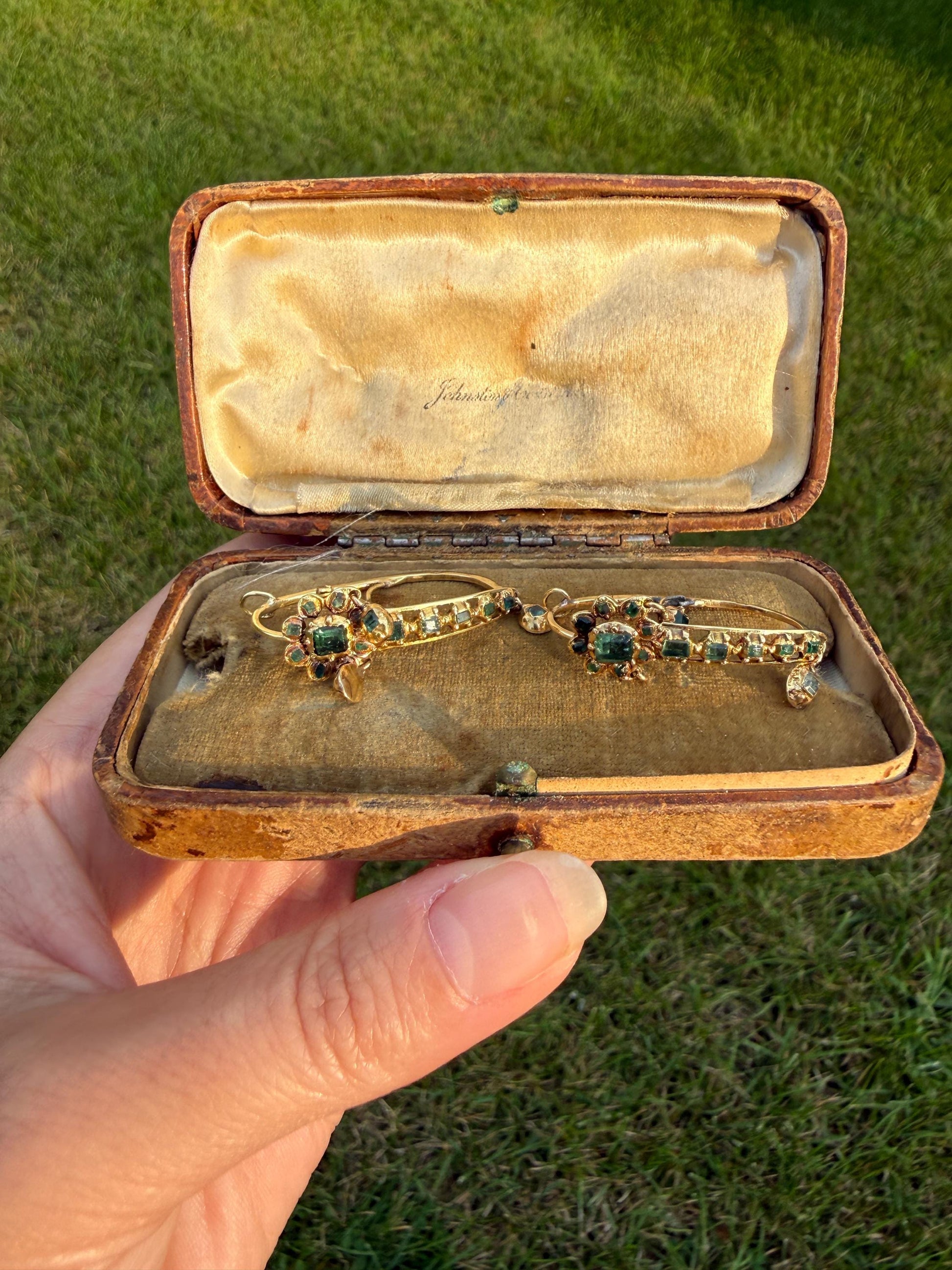 ANTIQUE Iberian Natural Square Cut EMERALD Georgian Era Floral Dangle Linear Earrings Boxed 18k Gold Hand Made Baroque Green