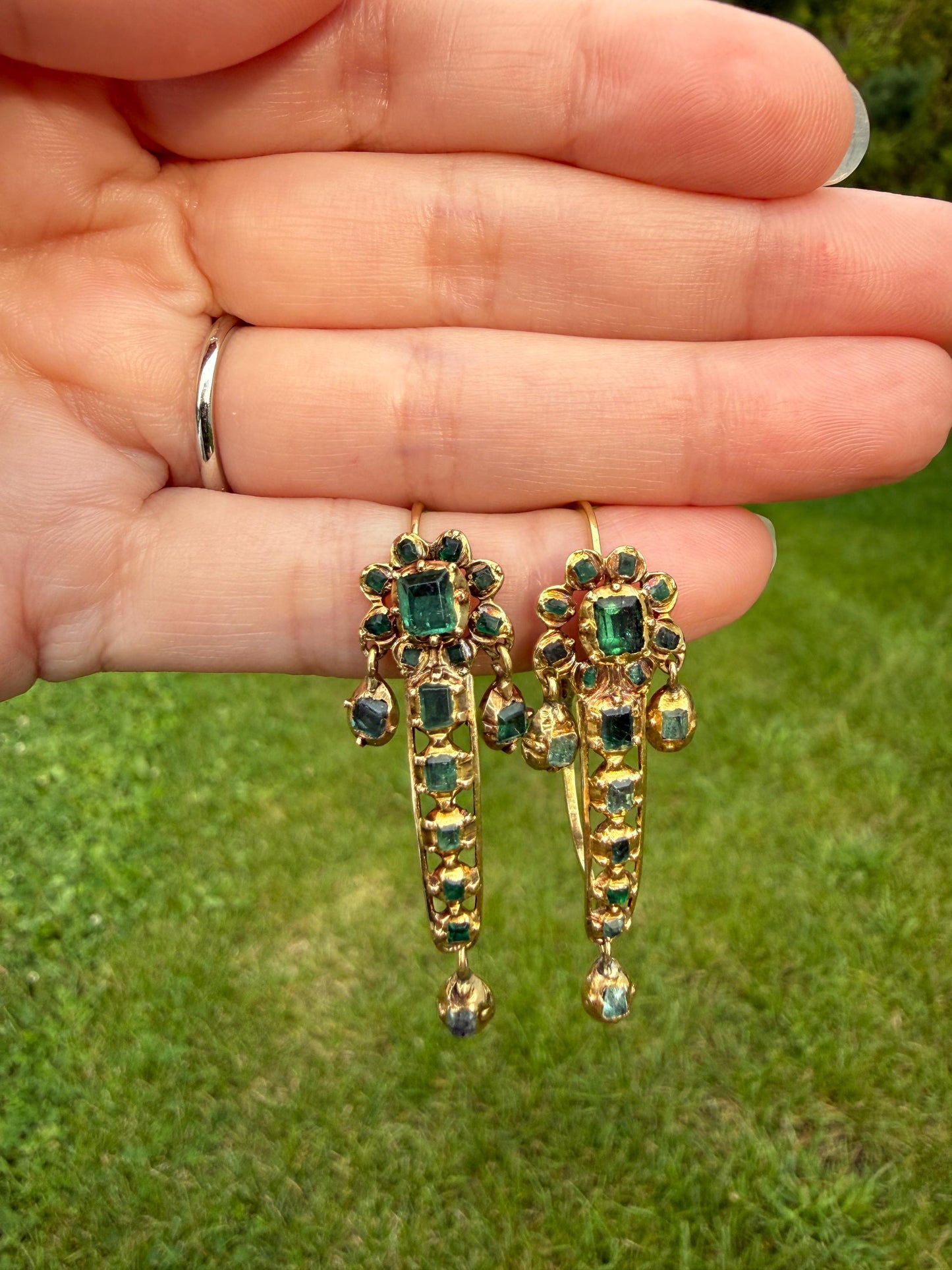 ANTIQUE Iberian Natural Square Cut EMERALD Georgian Era Floral Dangle Linear Earrings Boxed 18k Gold Hand Made Baroque Green