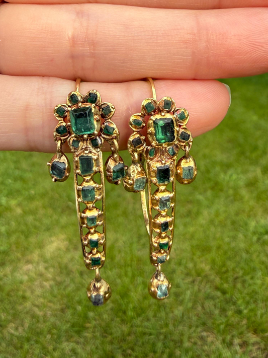 Rare ANTIQUE Iberian Natural Square Cut EMERALD Georgian Era Floral Dangle Linear Earrings Boxed 18k Gold Hand Made Baroque Green