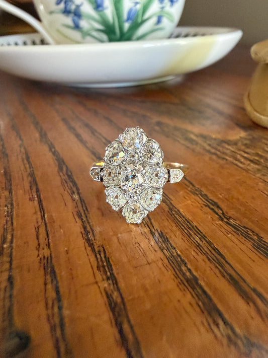 ANTIQUE Two Carats 11 Old Mine Cut DIAMOND Daisy Cluster Ring 18k Rose Gold & PLATiNUM Belle Epoque Romantic Gift OmC Victorian Oval