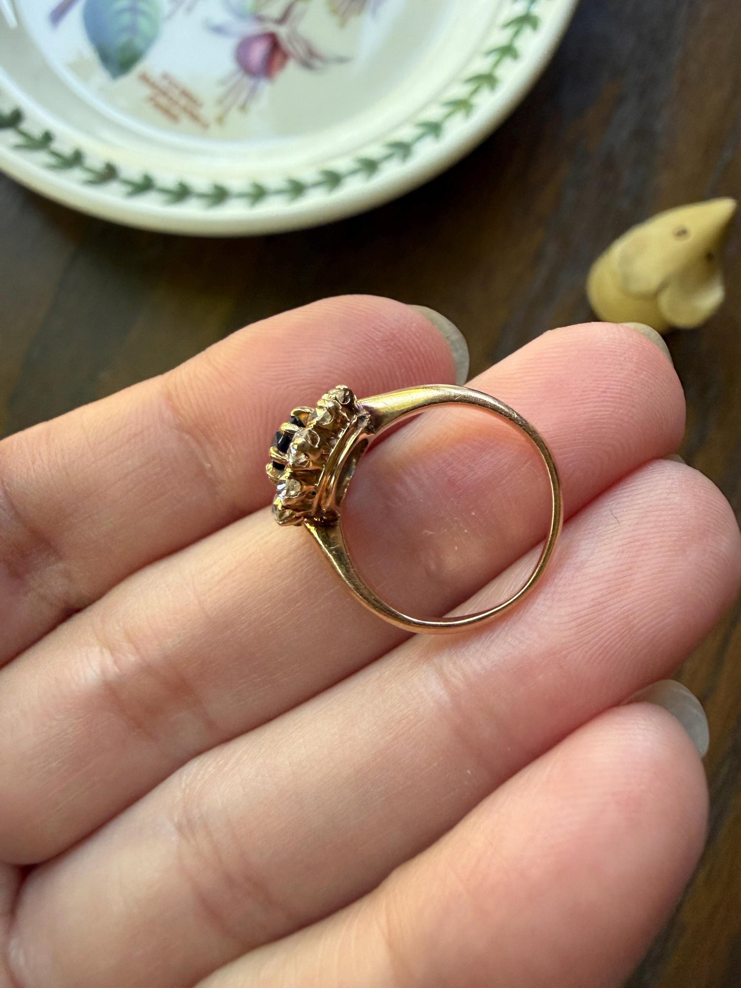 Antique Natural Sapphire Old Mine Cut Diamond Halo Ring French Victorian 18k Gold Blue Cluster Pinky