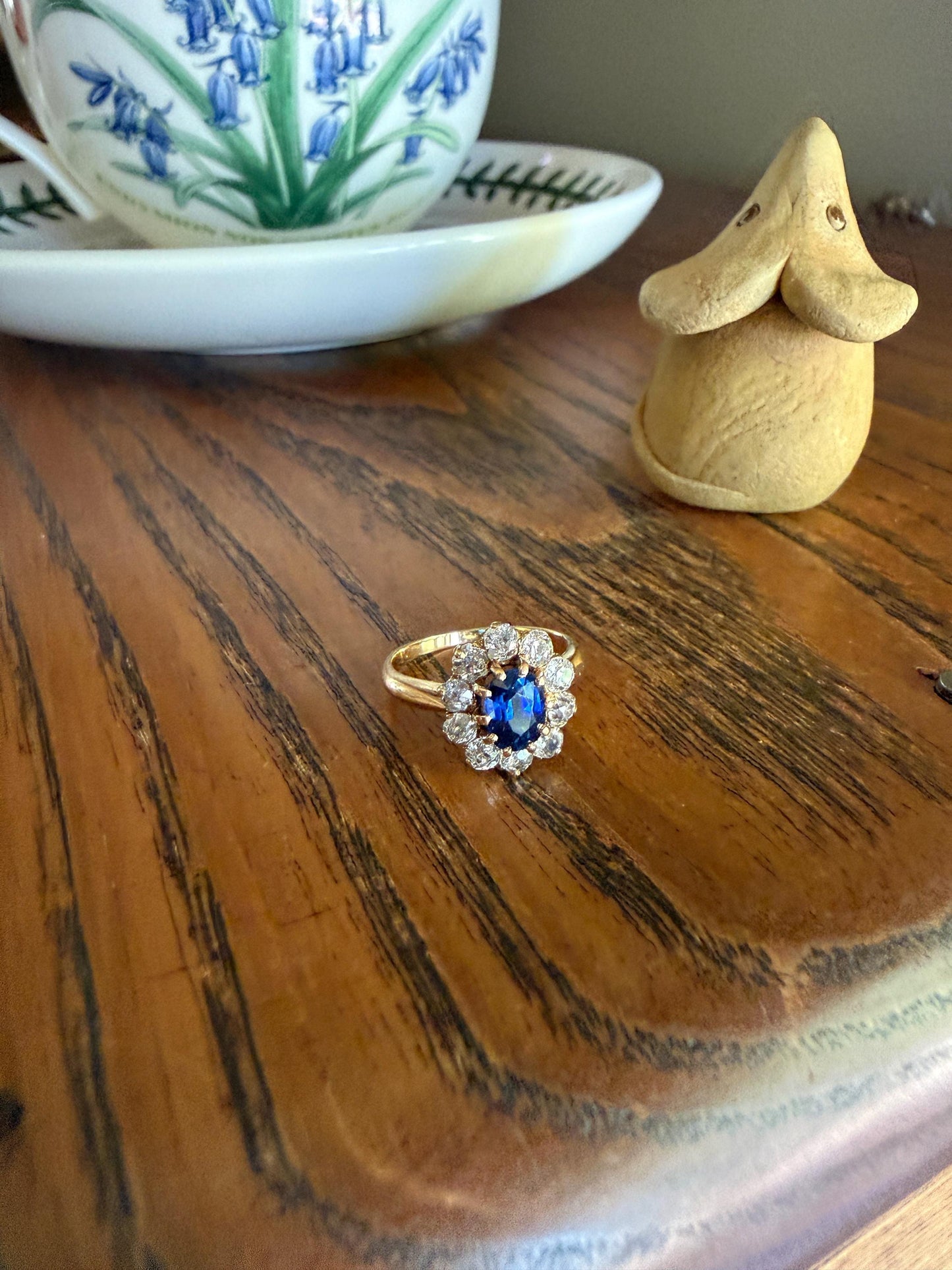 Antique Natural Sapphire Old Mine Cut Diamond Halo Ring French Victorian 18k Gold Blue Cluster Pinky