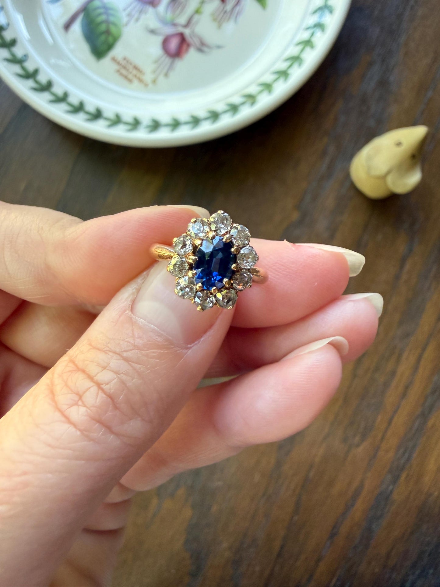Antique Natural Sapphire Old Mine Cut Diamond Halo Ring French Victorian 18k Gold Blue Cluster Pinky