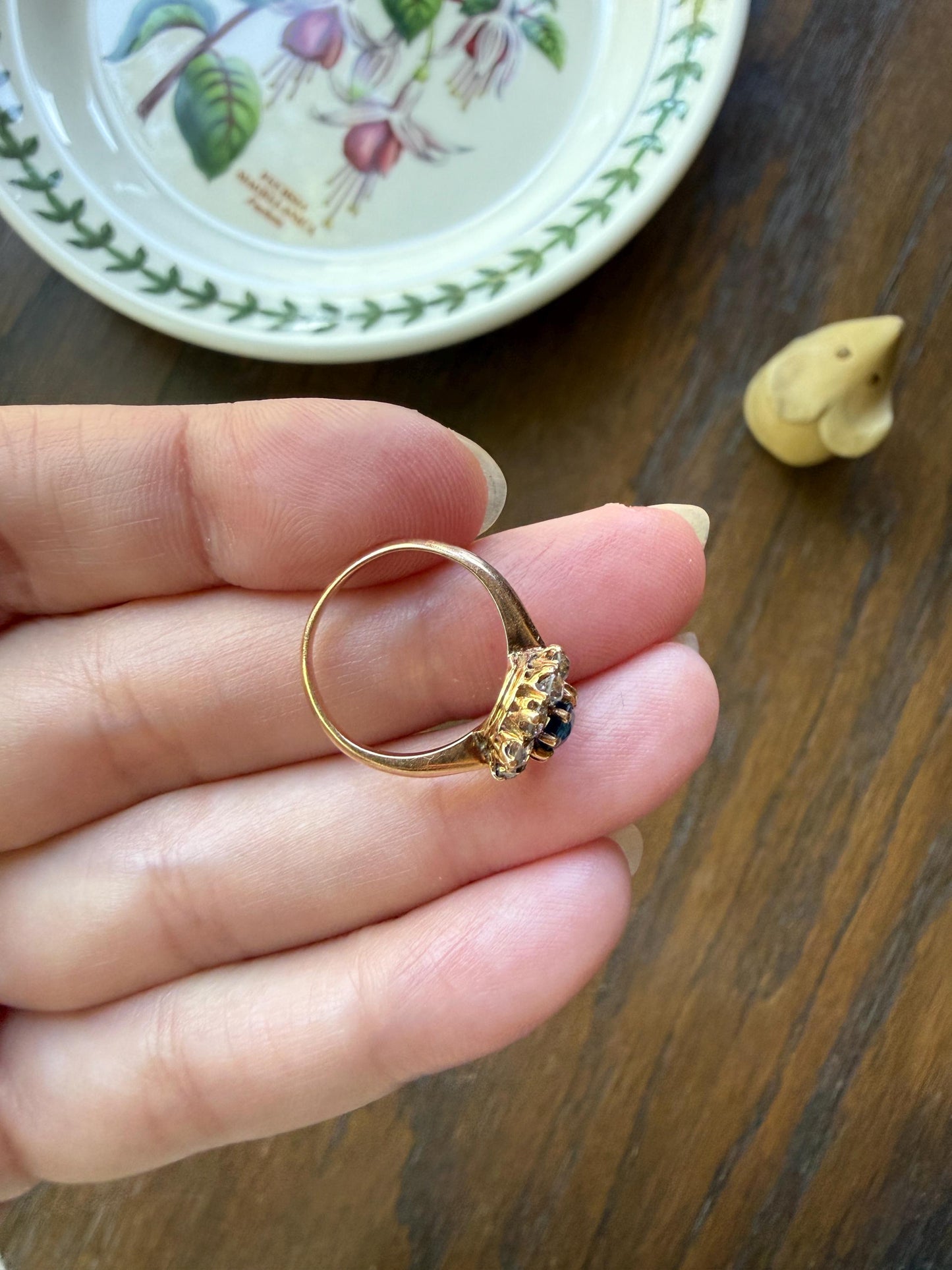 Antique Natural Sapphire Old Mine Cut Diamond Halo Ring French Victorian 18k Gold Blue Cluster Pinky