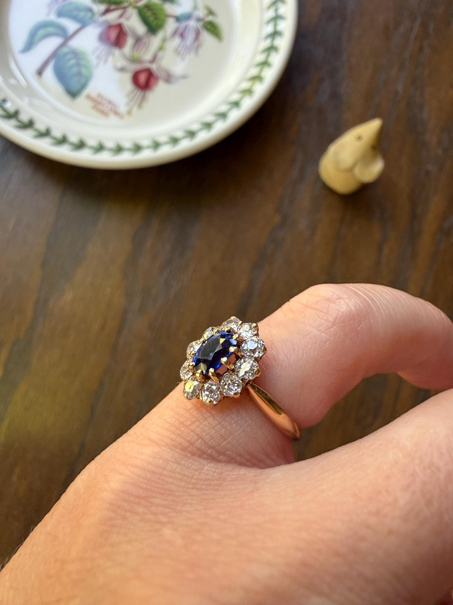 Antique Natural Sapphire Old Mine Cut Diamond Halo Ring French Victorian 18k Gold Blue Cluster Pinky